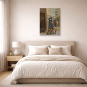 Unframed poster print of Ludwig Deutsch's The Lamp Lighter displayed on a wall in a bedroom