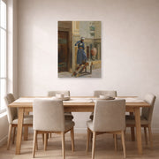 Unframed poster print of Ludwig Deutsch's The Lamp Lighter displayed on a wall in a dining