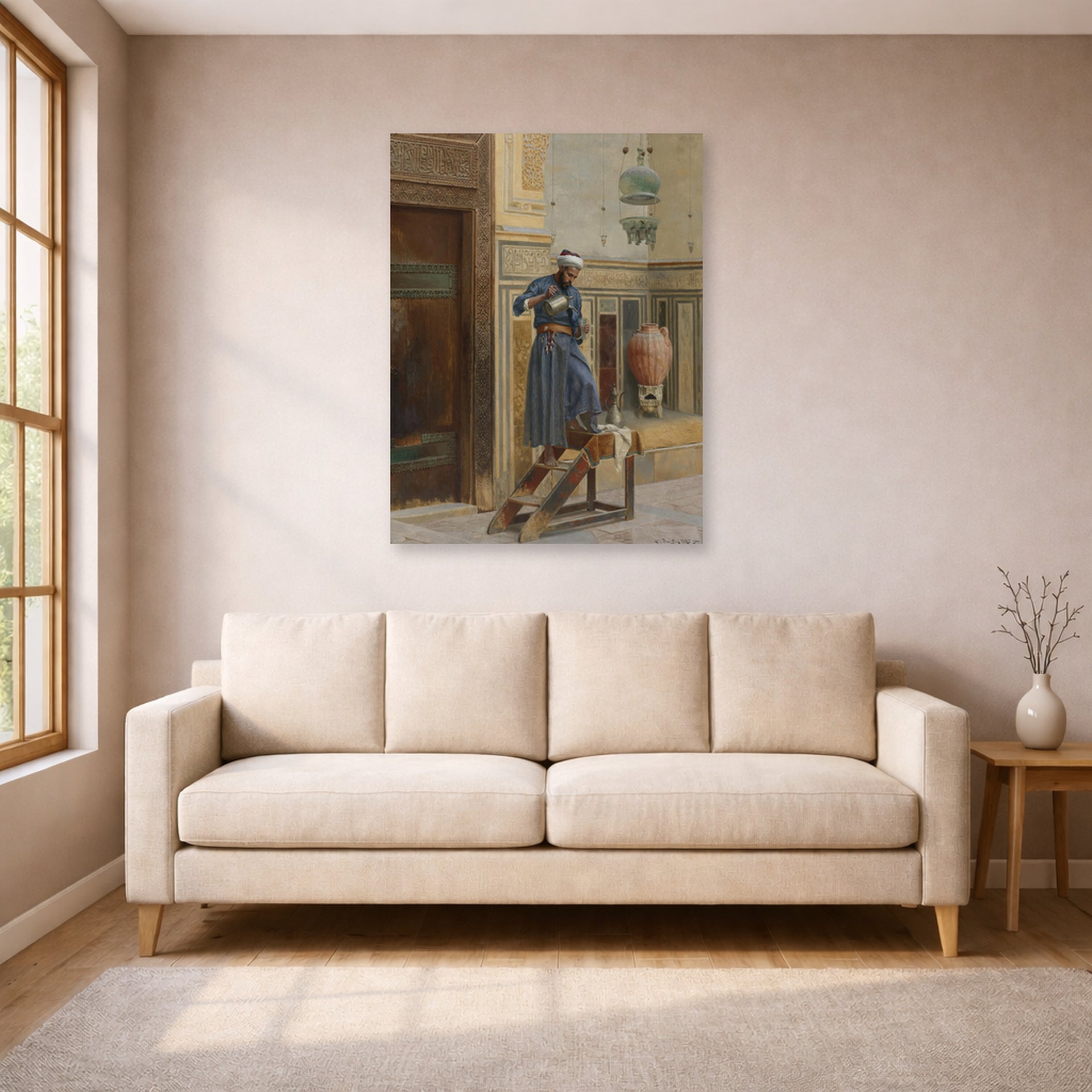 Unframed poster print of Ludwig Deutsch's The Lamp Lighter displayed on a wall in a living room