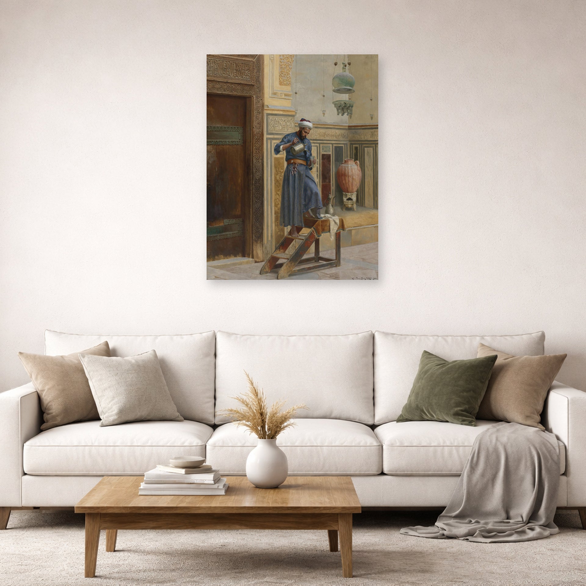 Unframed poster print of Ludwig Deutsch's The Lamp Lighter displayed on a wall in a living room