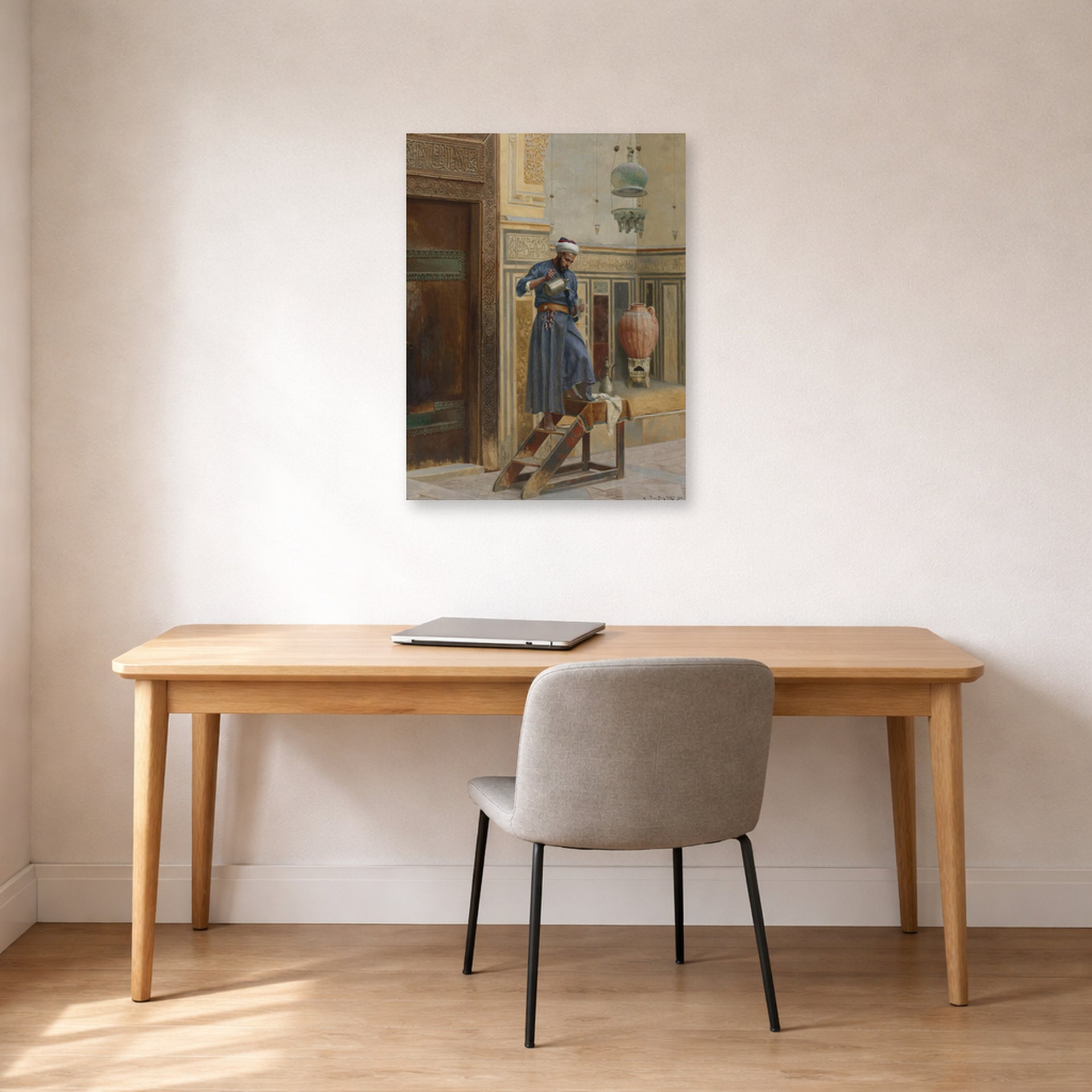Unframed poster print of Ludwig Deutsch's The Lamp Lighter displayed on a wall in a office