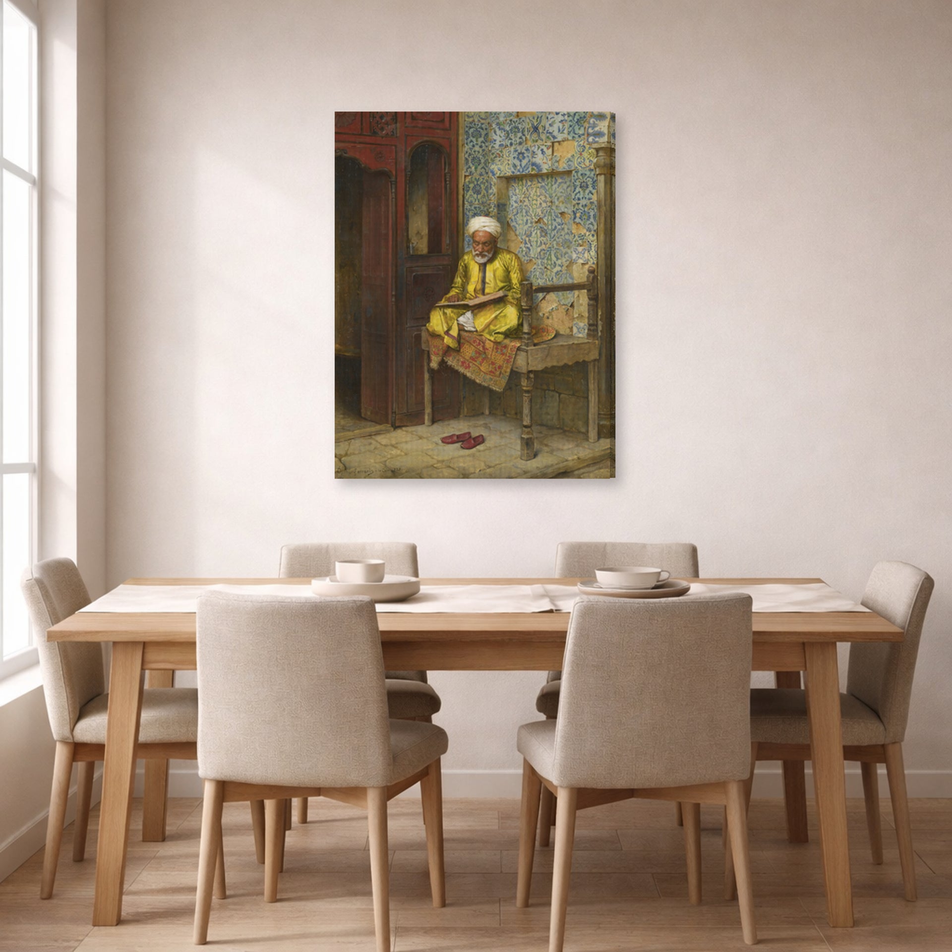 Gallery-wrapped canvas print of Ludwig Deutsch's The Learned Man Of Cairo displayed on a wall in a dining