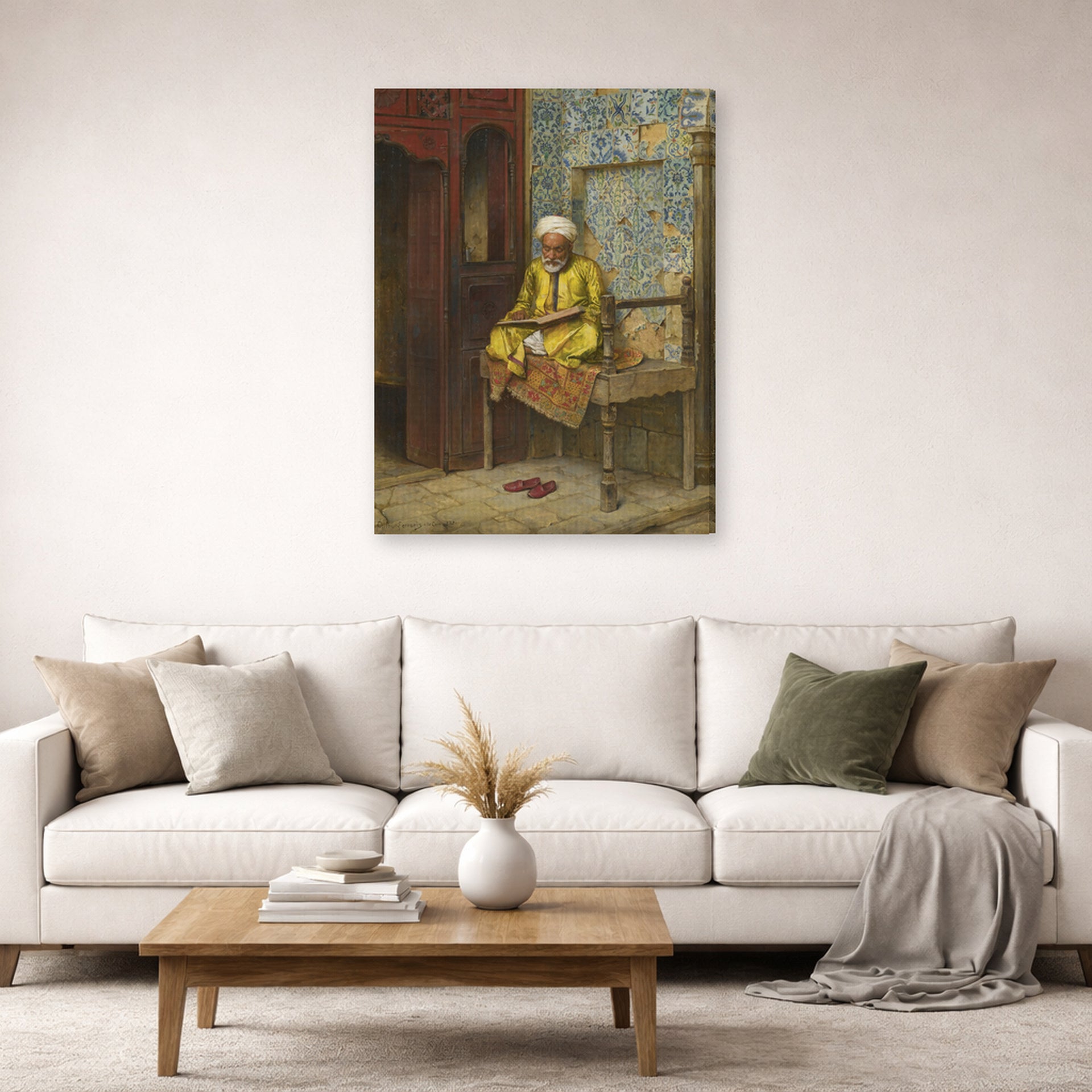 Gallery-wrapped canvas print of Ludwig Deutsch's The Learned Man Of Cairo displayed on a wall in a living room