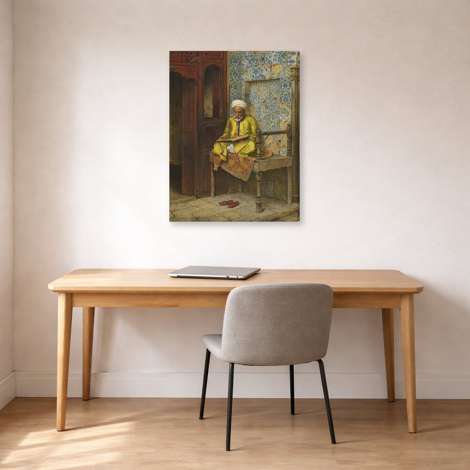 Gallery-wrapped canvas print of Ludwig Deutsch's The Learned Man Of Cairo displayed on a wall in a office