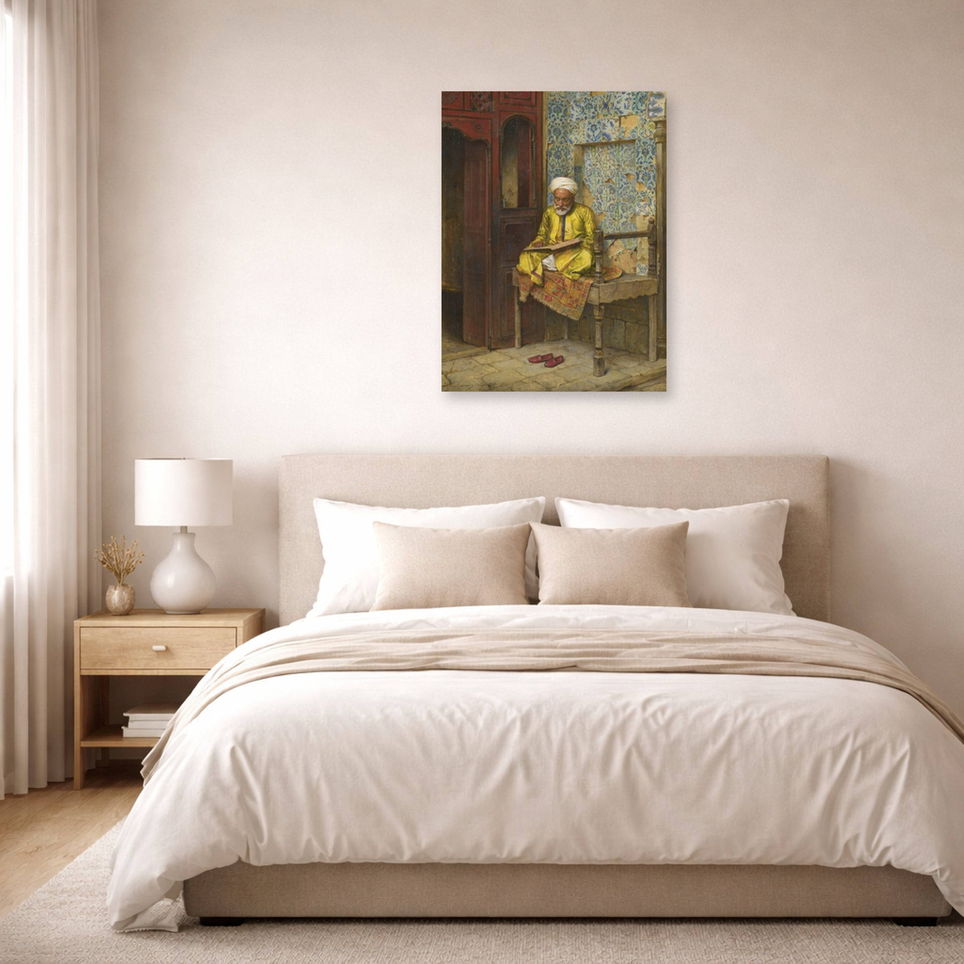 Unframed poster print of Ludwig Deutsch's The Learned Man Of Cairo displayed on a wall in a bedroom