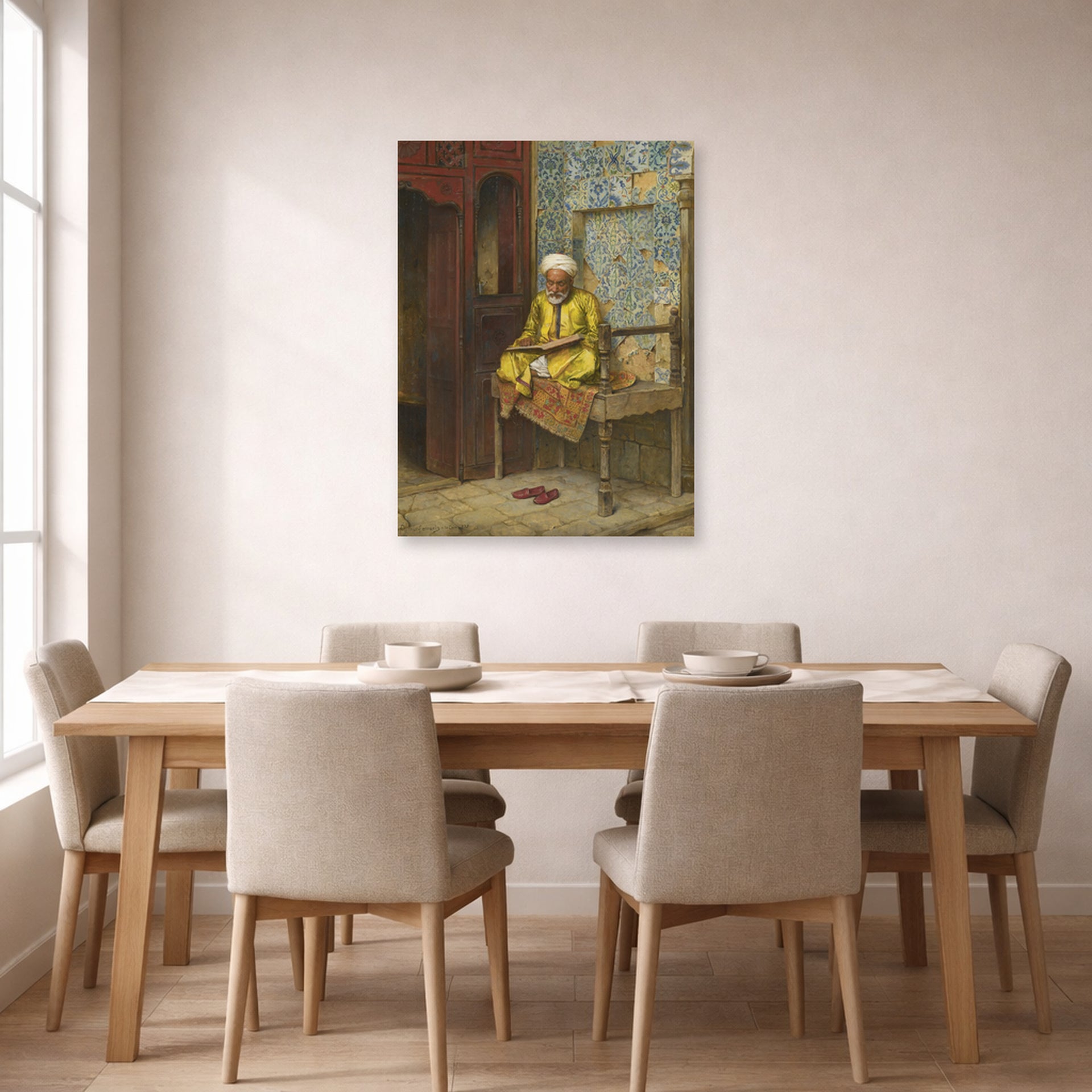 Unframed poster print of Ludwig Deutsch's The Learned Man Of Cairo displayed on a wall in a dining