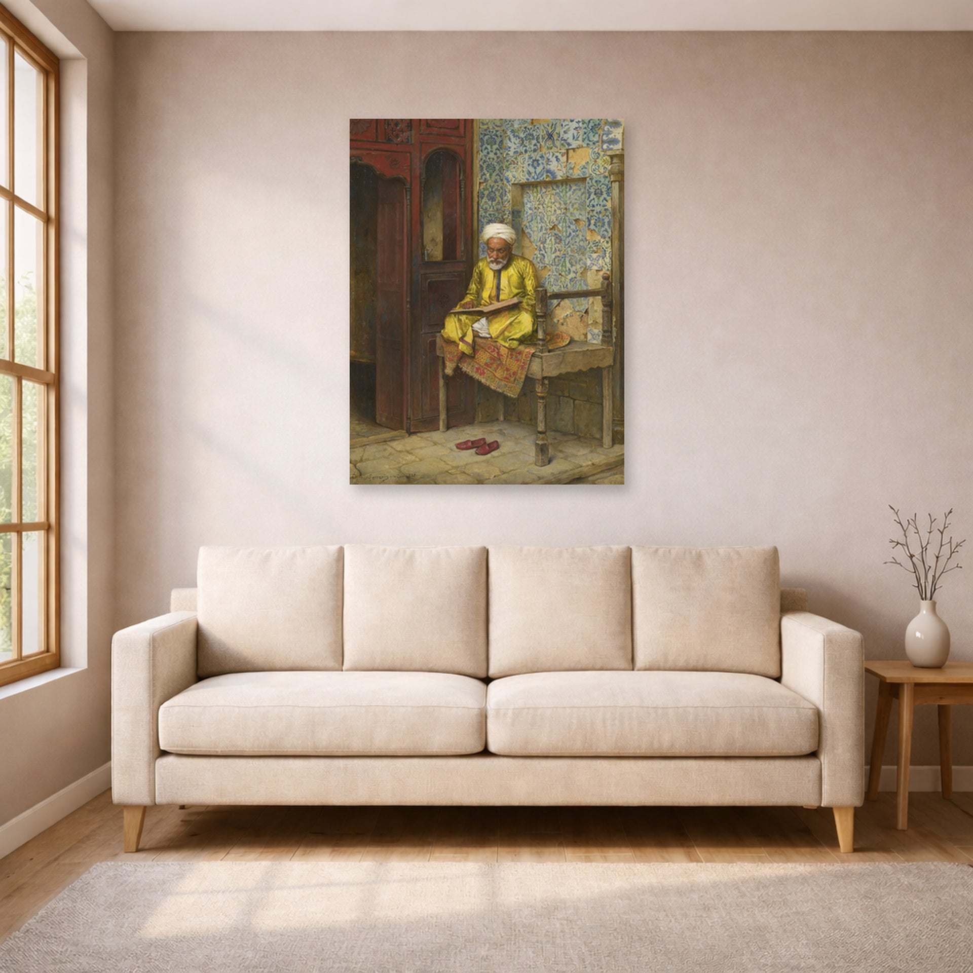 Unframed poster print of Ludwig Deutsch's The Learned Man Of Cairo displayed on a wall in a living room