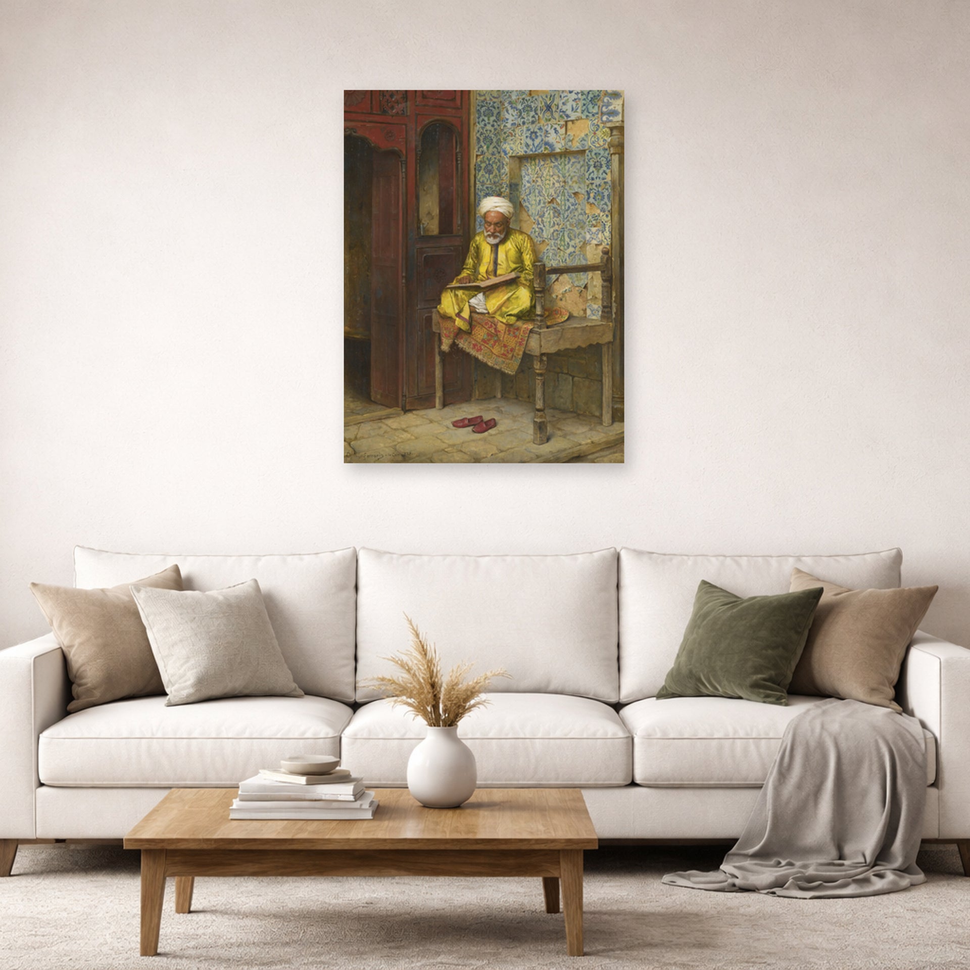 Unframed poster print of Ludwig Deutsch's The Learned Man Of Cairo displayed on a wall in a living room