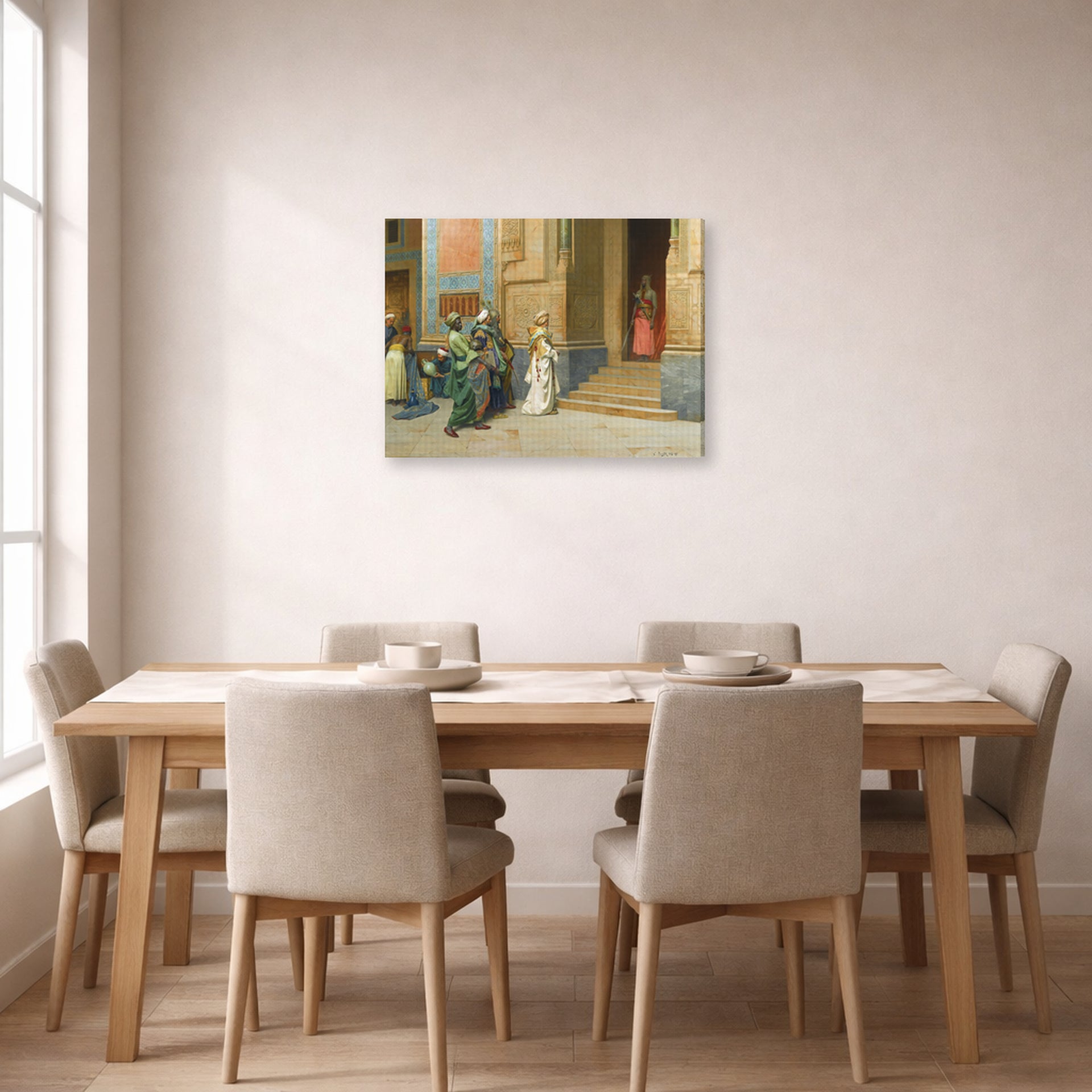 Gallery-wrapped canvas print of Ludwig Deutsch's The Offering displayed on a wall in a dining