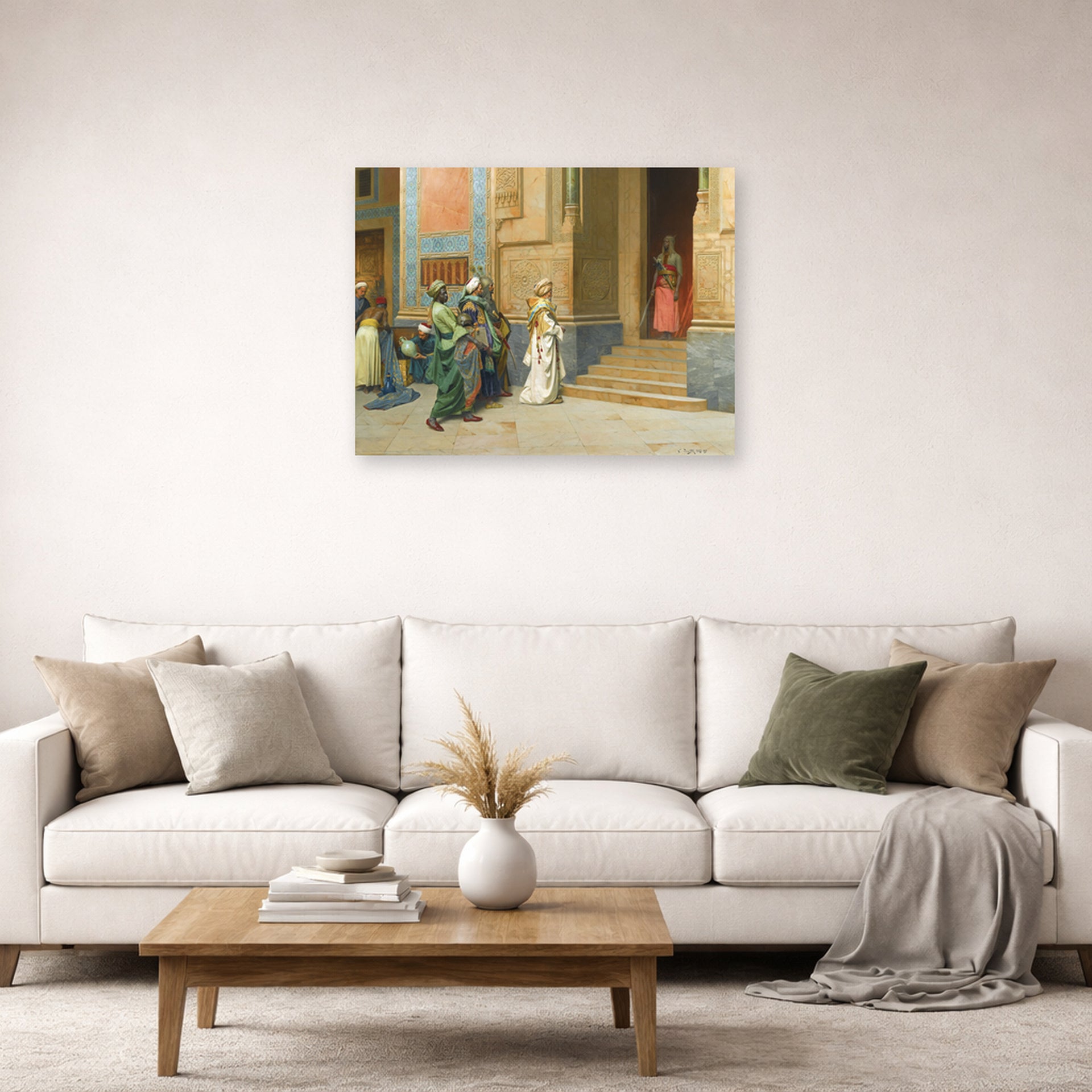Unframed poster print of Ludwig Deutsch's The Offering displayed on a wall in a living room