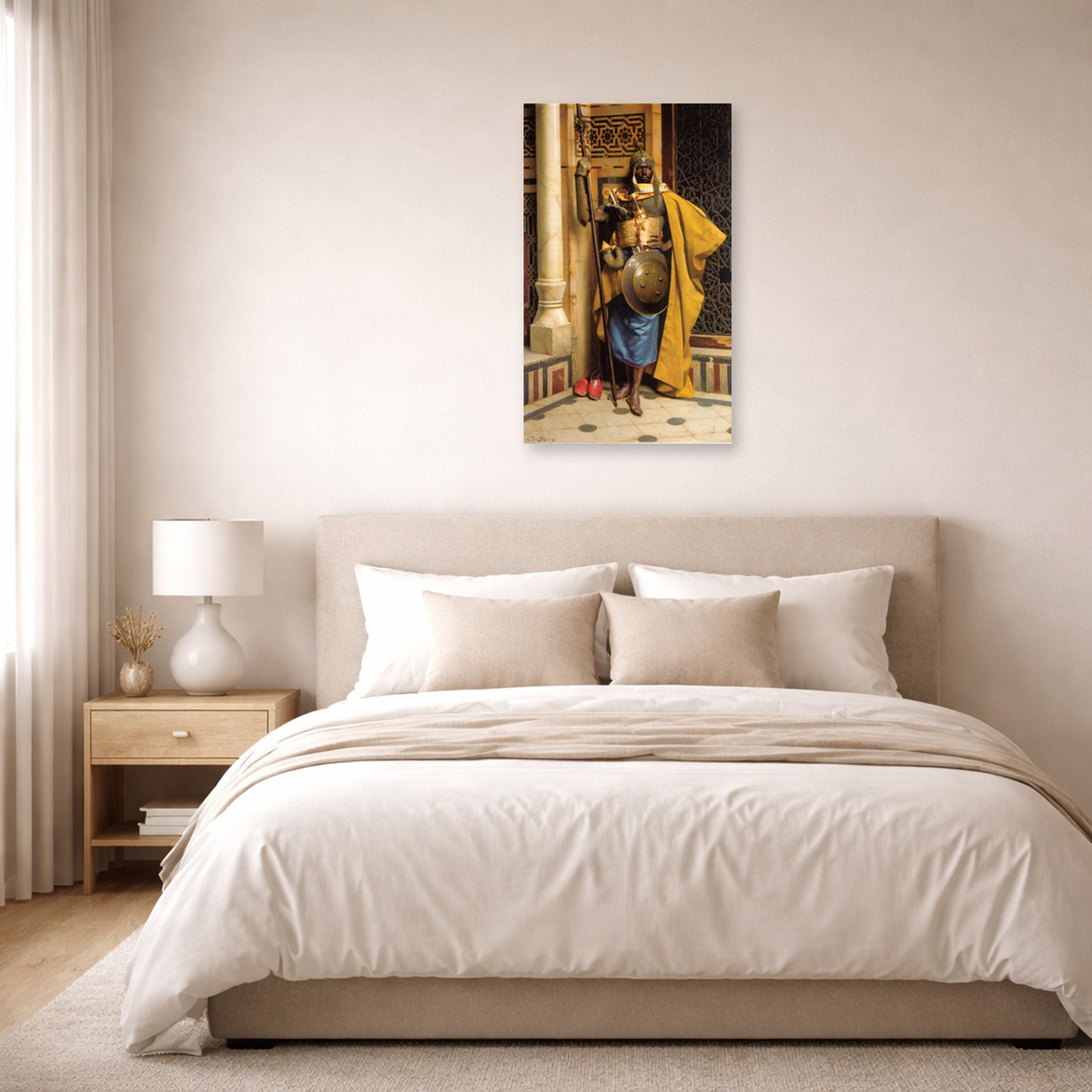 Unframed poster print of Ludwig Deutsch's The Palace Guard displayed on a wall in a bedroom