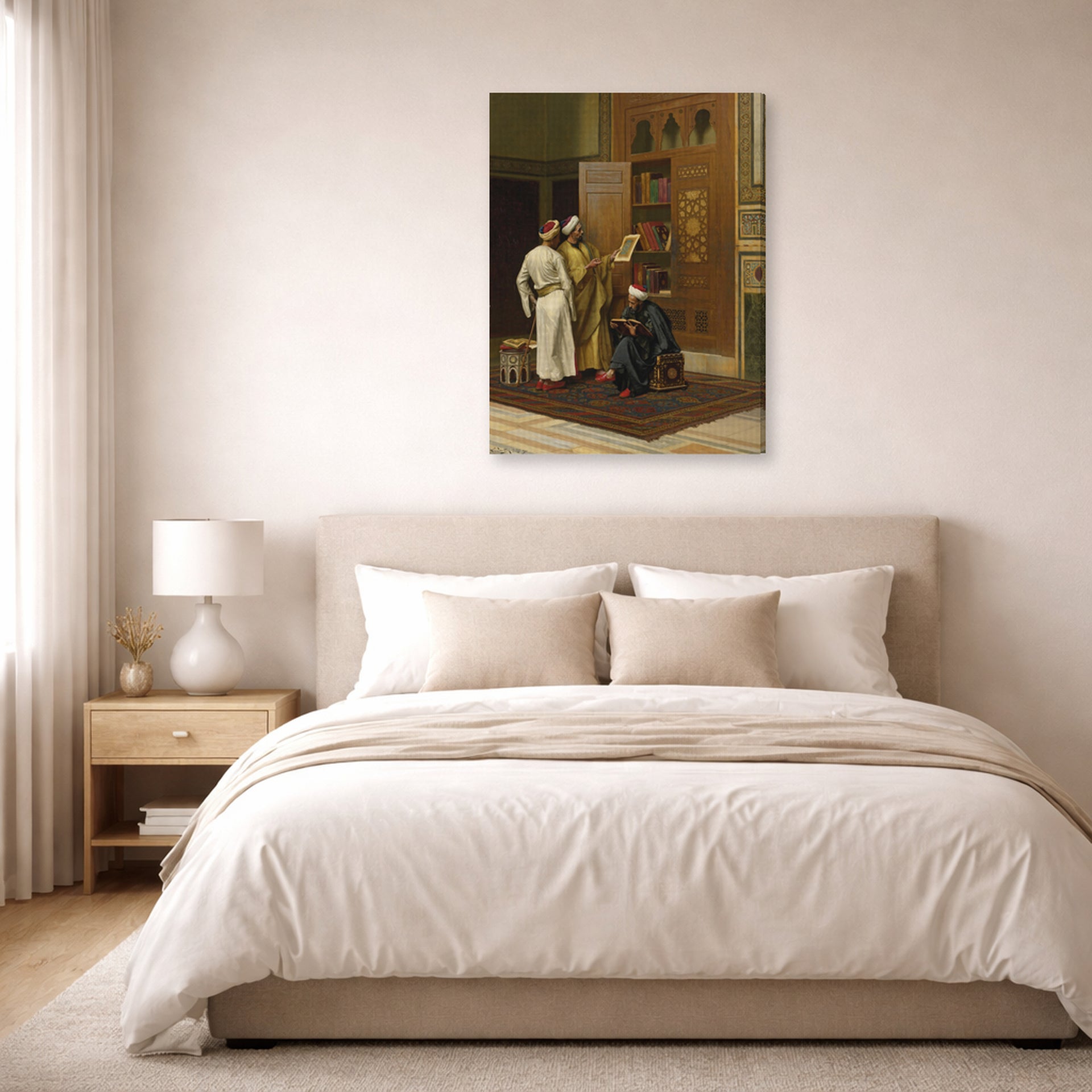 Gallery-wrapped canvas print of Ludwig Deutsch's The Scholars displayed on a wall in a bedroom