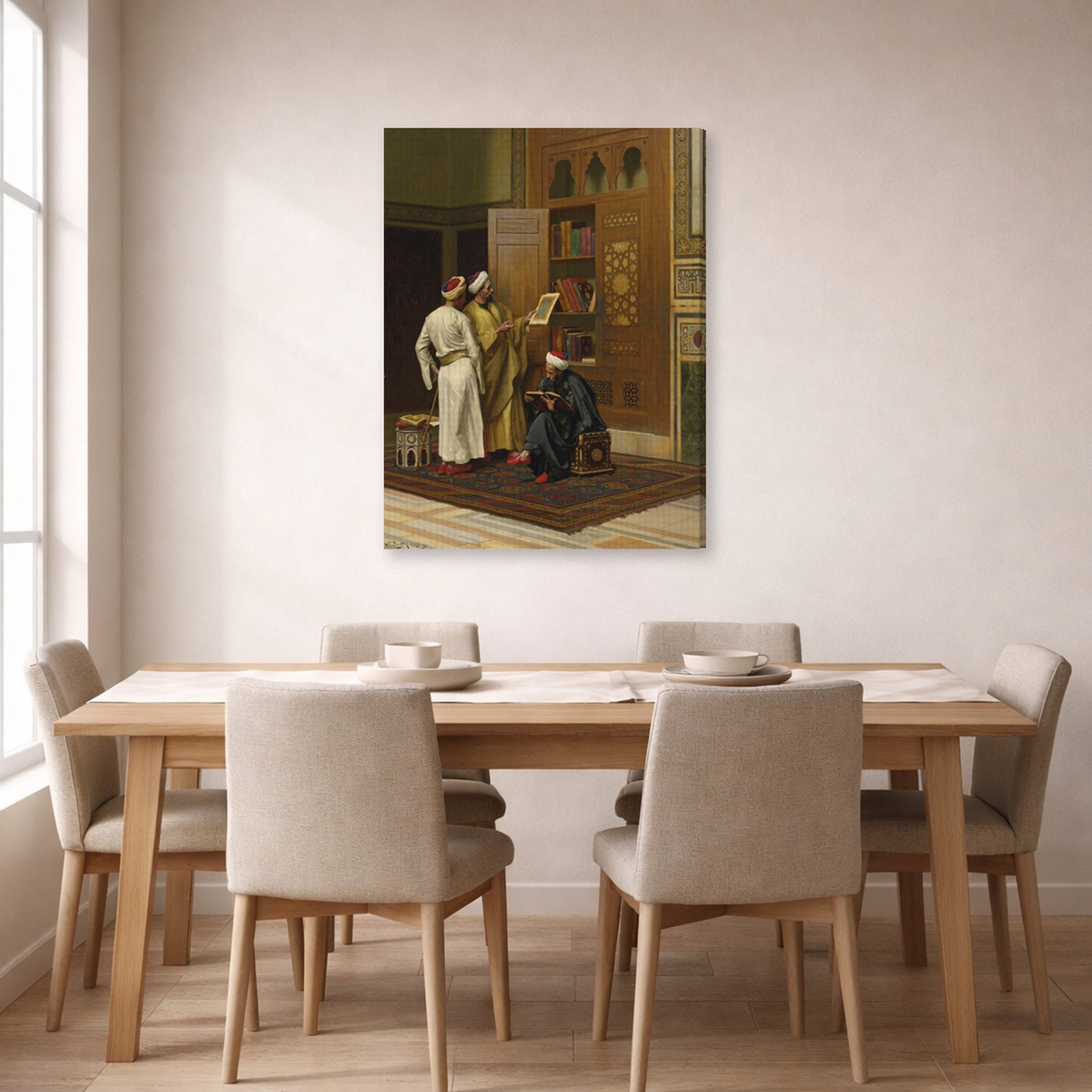 Gallery-wrapped canvas print of Ludwig Deutsch's The Scholars displayed on a wall in a dining