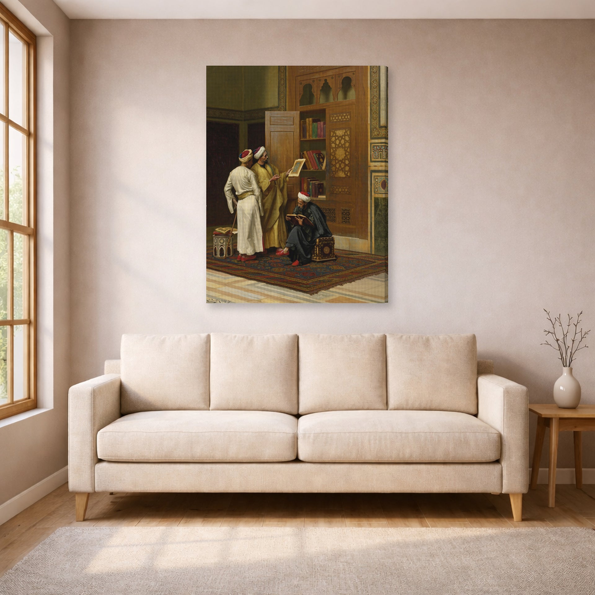 Gallery-wrapped canvas print of Ludwig Deutsch's The Scholars displayed on a wall in a living room