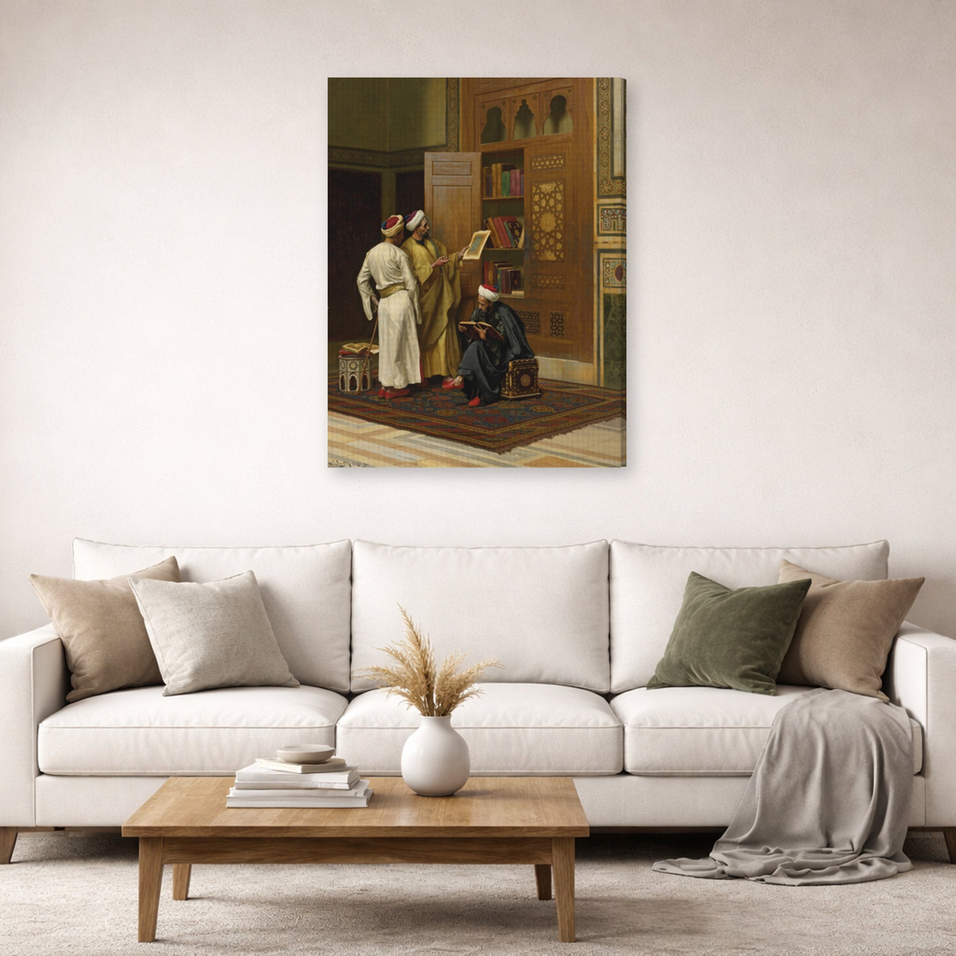 Gallery-wrapped canvas print of Ludwig Deutsch's The Scholars displayed on a wall in a living room