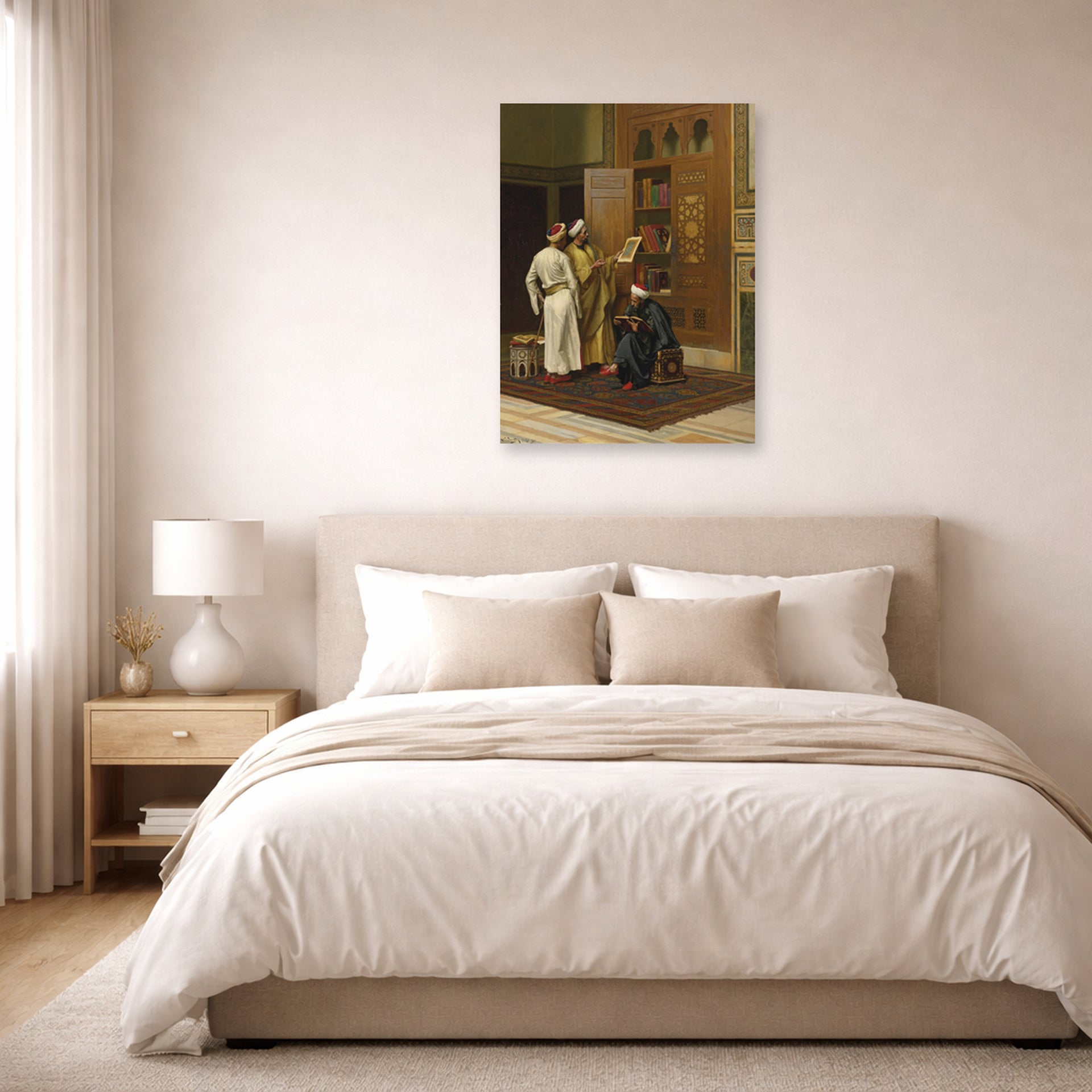 Unframed poster print of Ludwig Deutsch's The Scholars displayed on a wall in a bedroom