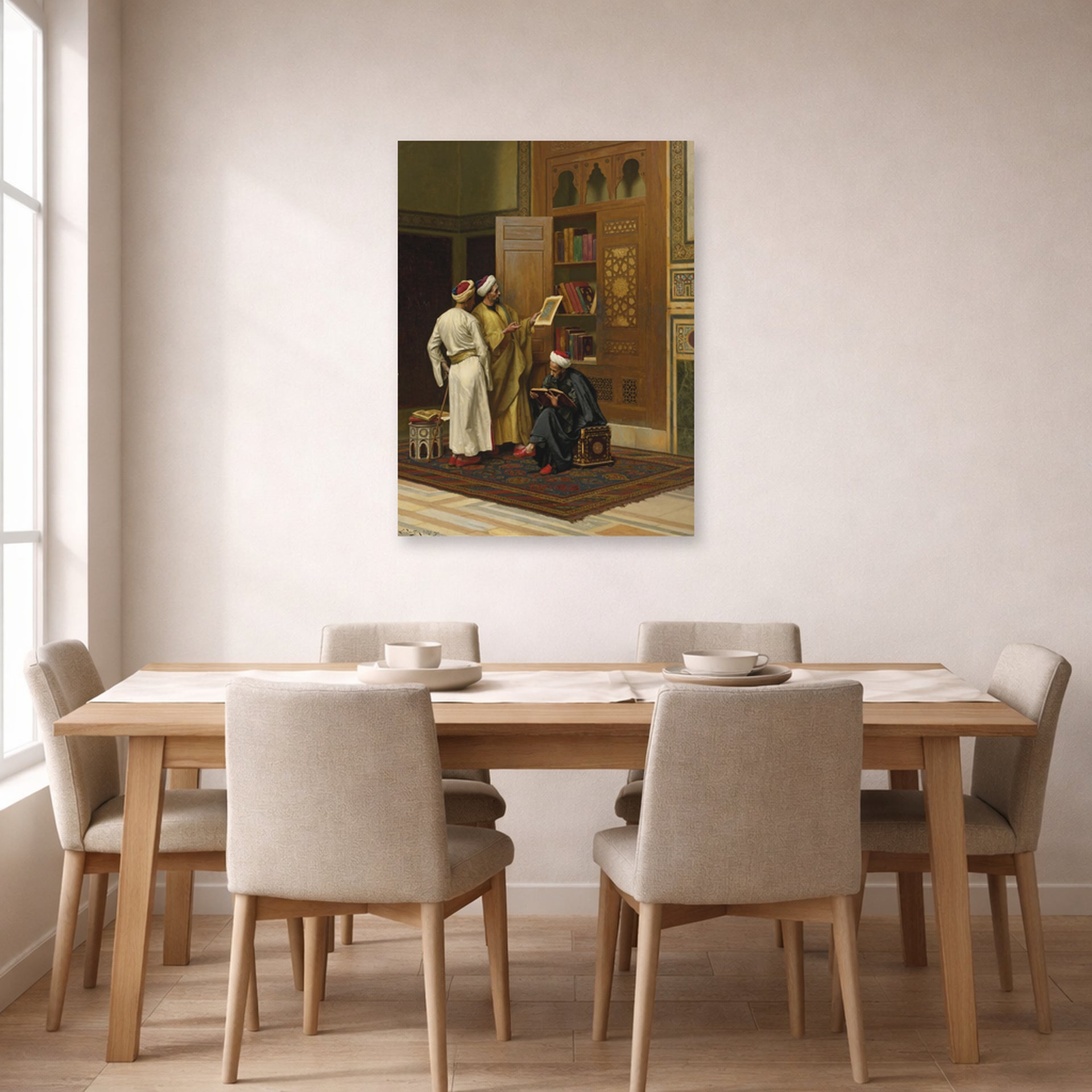 Unframed poster print of Ludwig Deutsch's The Scholars displayed on a wall in a dining