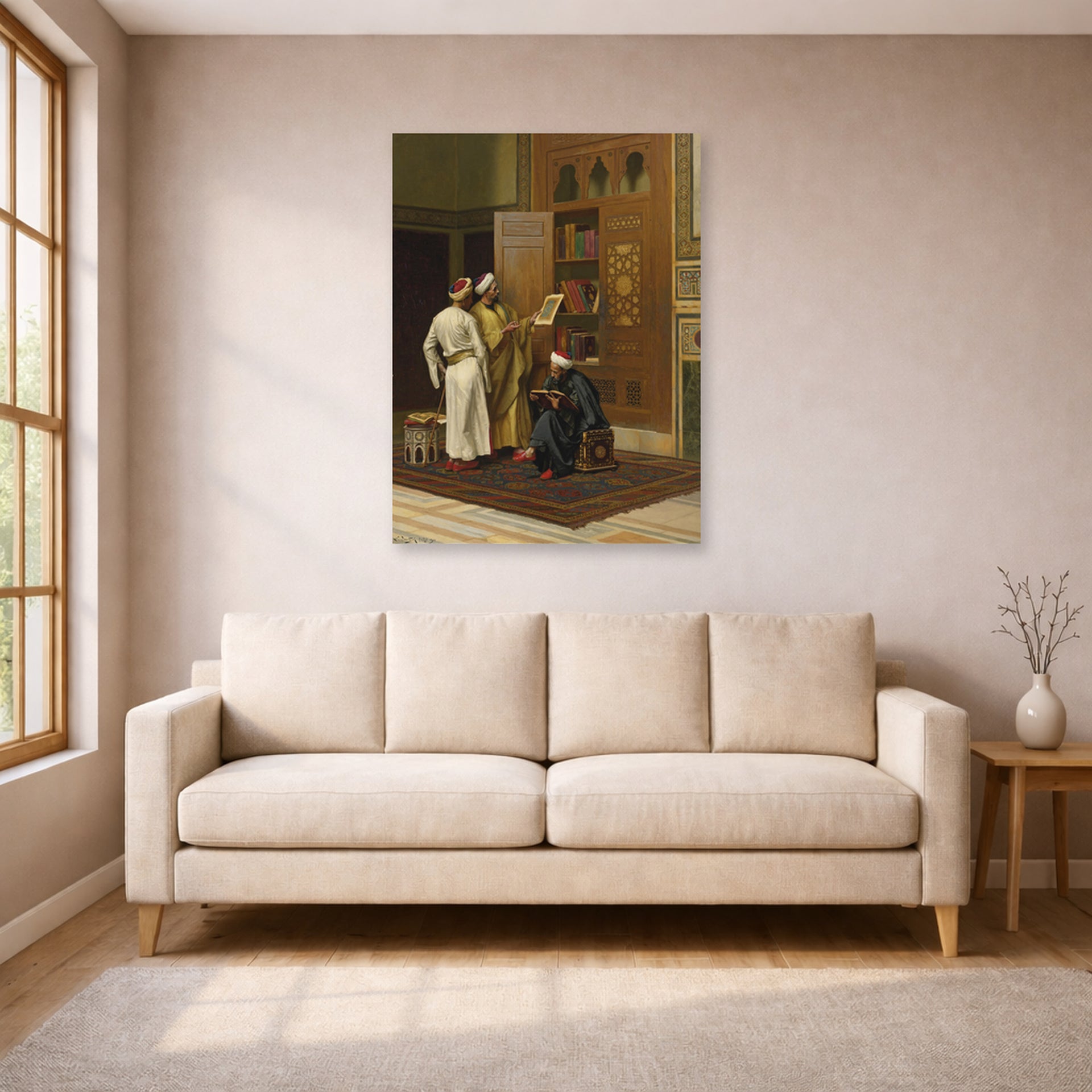 Unframed poster print of Ludwig Deutsch's The Scholars displayed on a wall in a living room