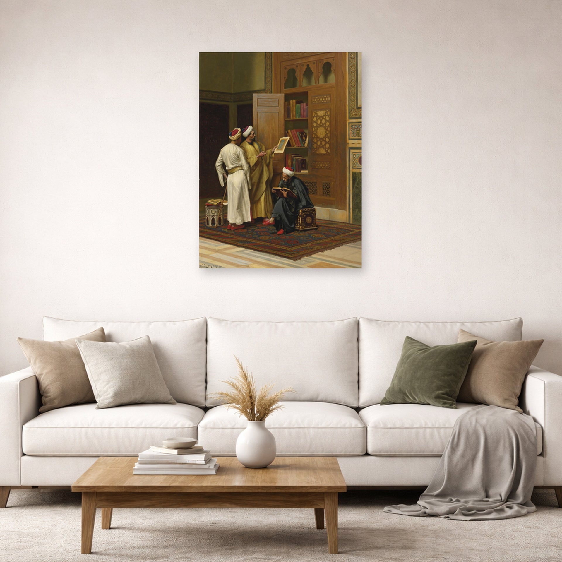Unframed poster print of Ludwig Deutsch's The Scholars displayed on a wall in a living room