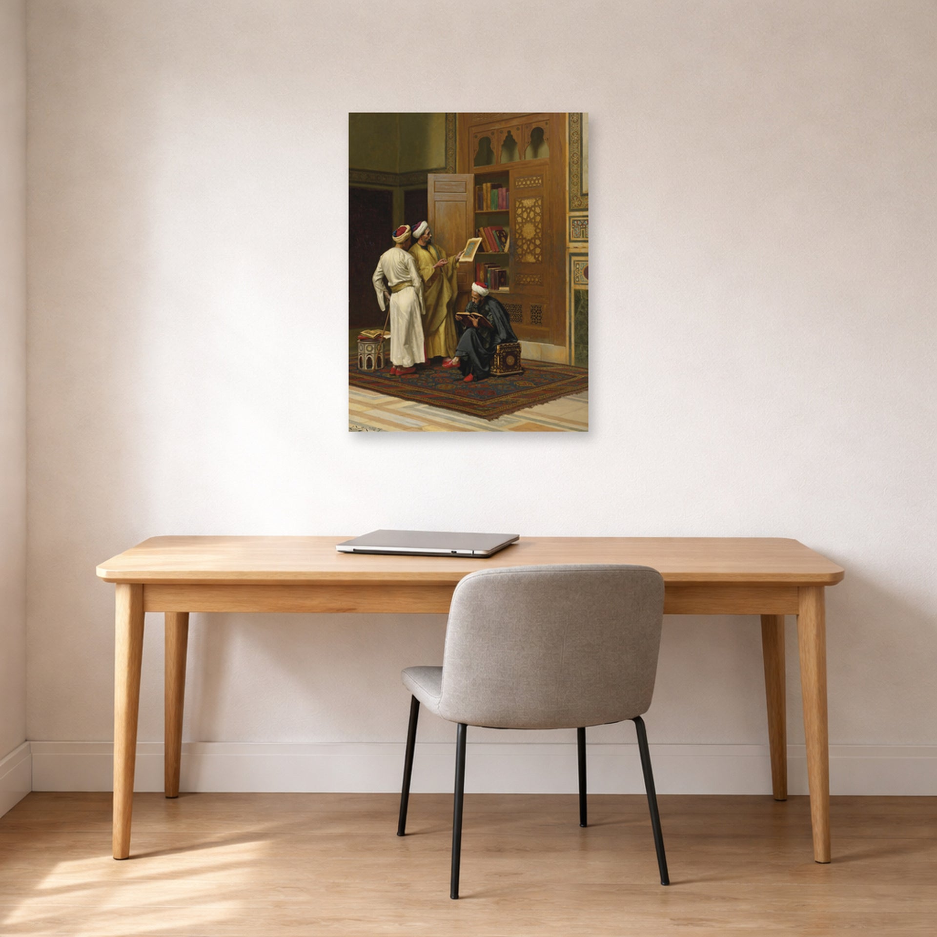 Unframed poster print of Ludwig Deutsch's The Scholars displayed on a wall in a office