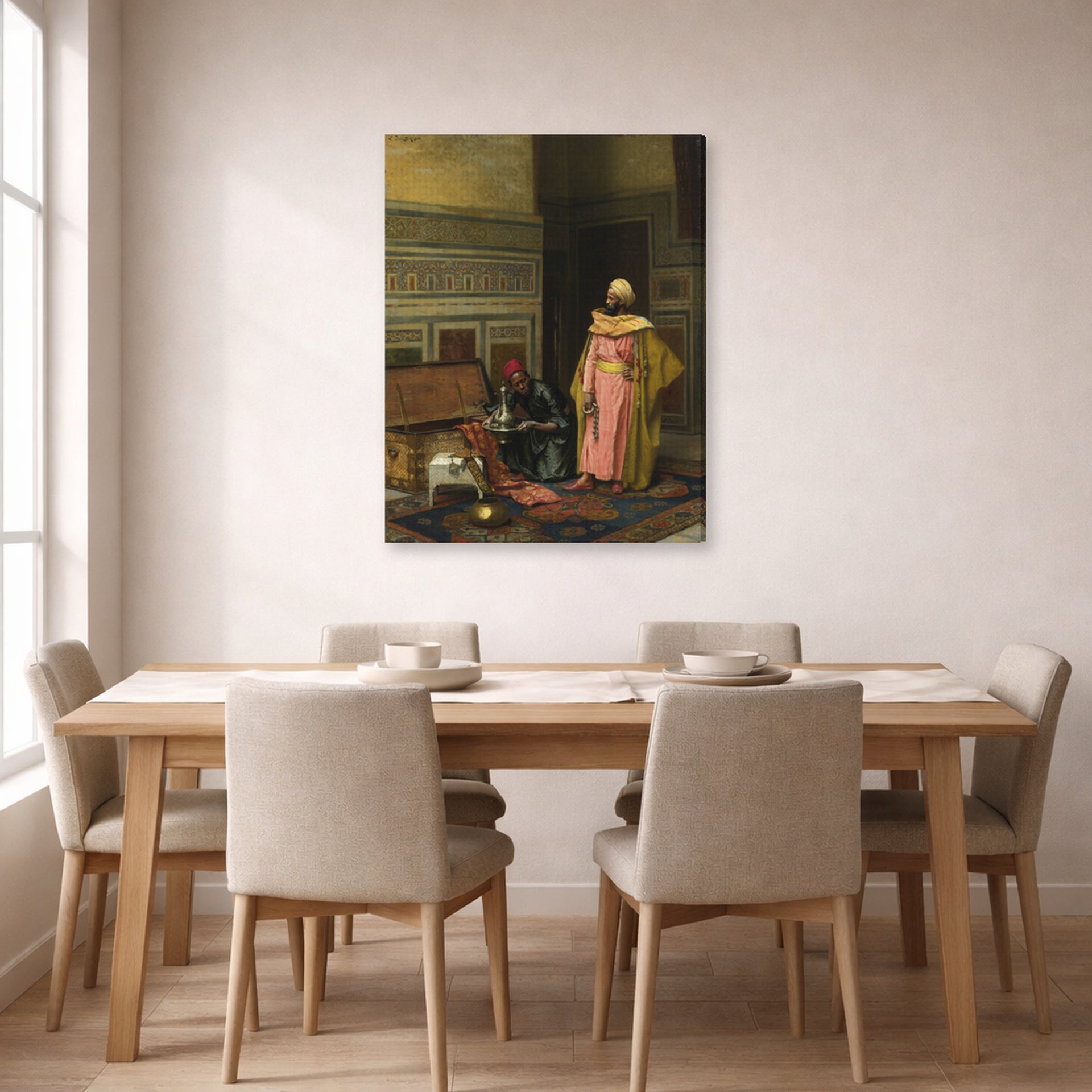 Gallery-wrapped canvas print of Ludwig Deutsch's The Treasure Chest displayed on a wall in a dining