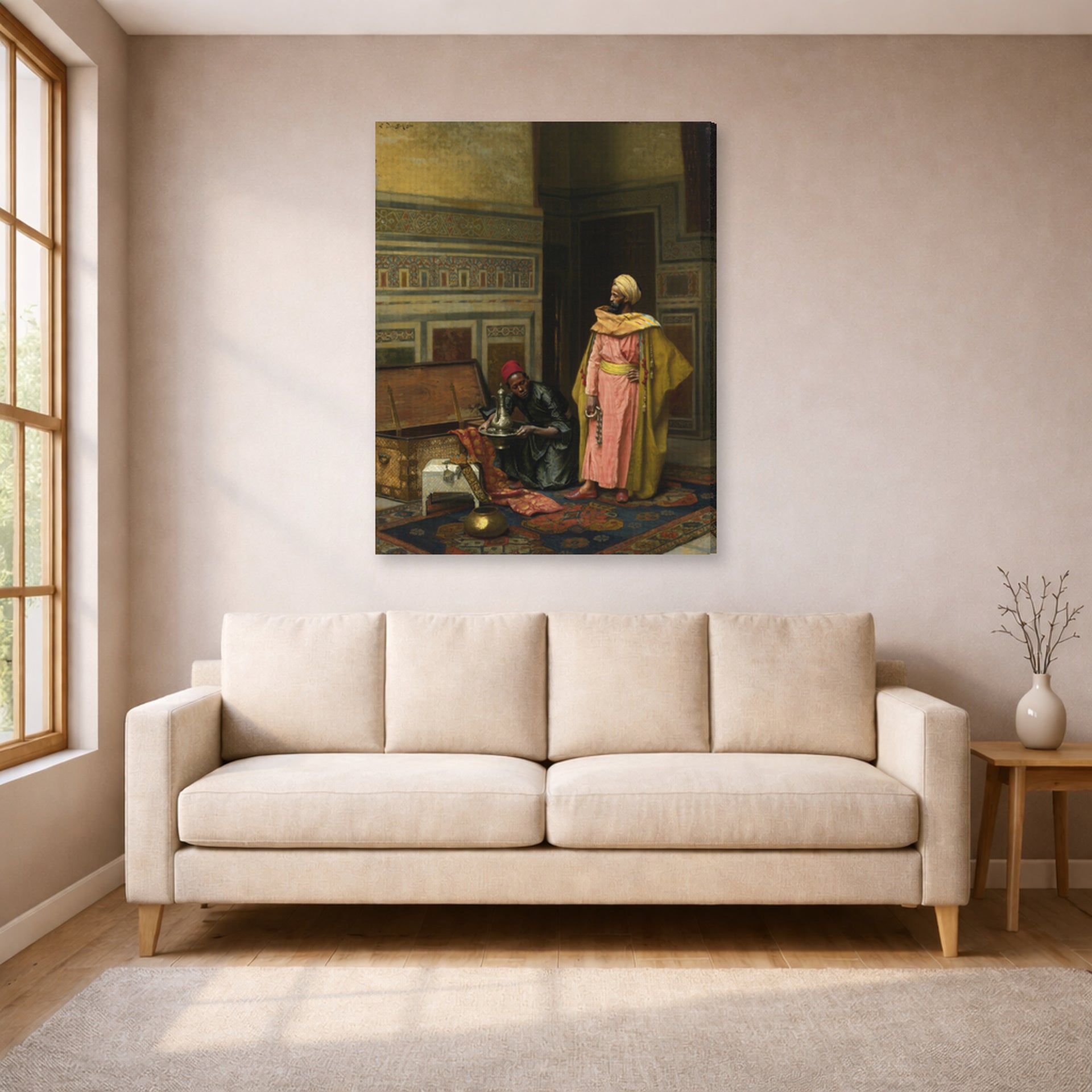 Gallery-wrapped canvas print of Ludwig Deutsch's The Treasure Chest displayed on a wall in a living room