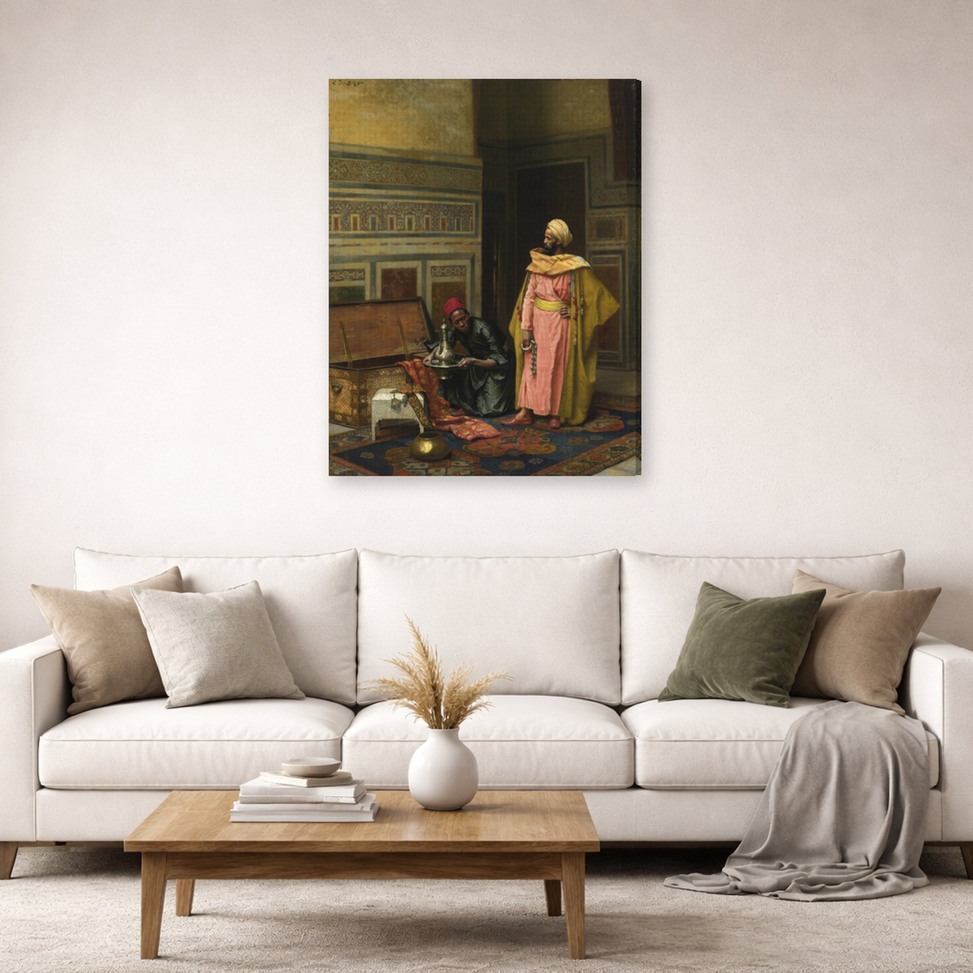 Gallery-wrapped canvas print of Ludwig Deutsch's The Treasure Chest displayed on a wall in a living room