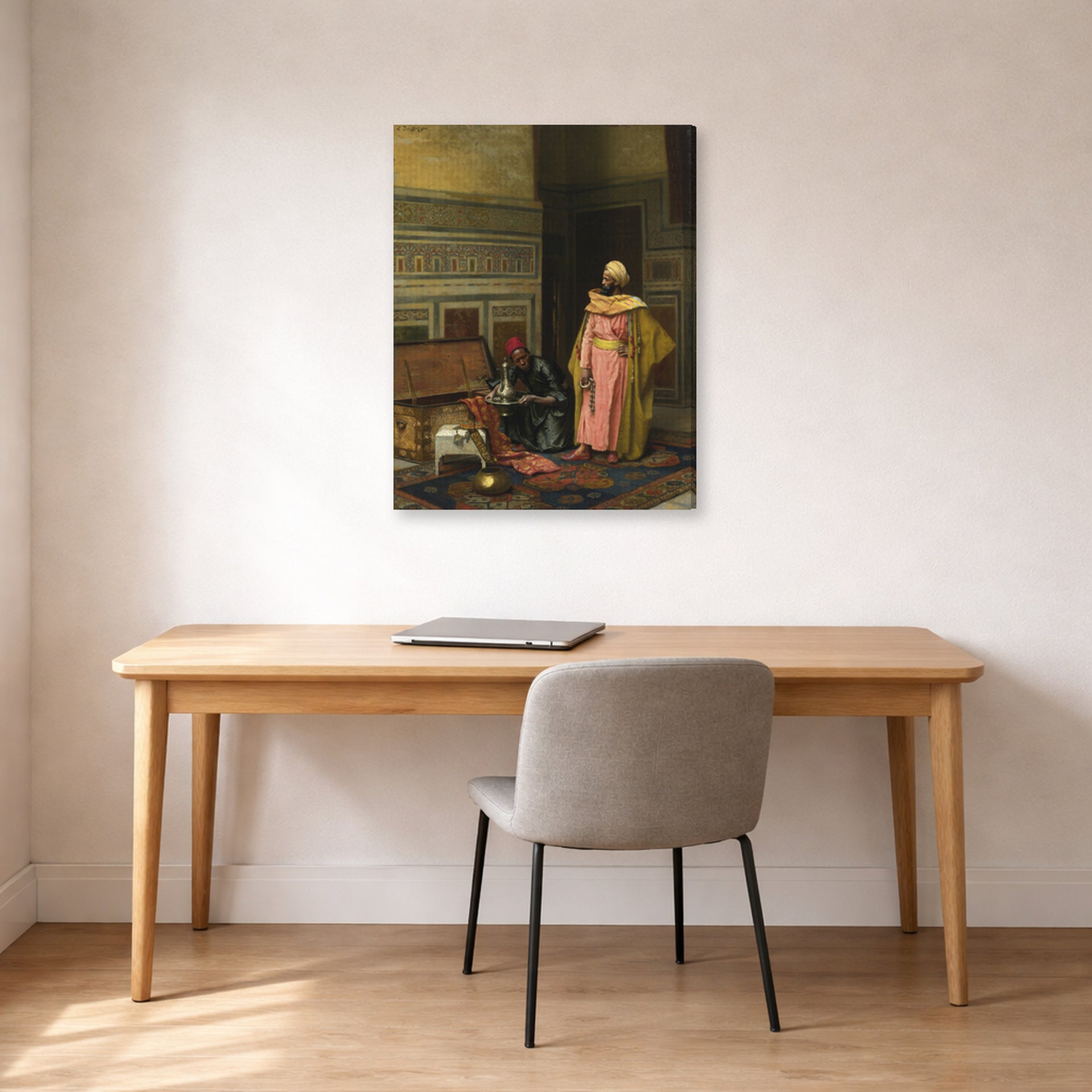 Gallery-wrapped canvas print of Ludwig Deutsch's The Treasure Chest displayed on a wall in a office