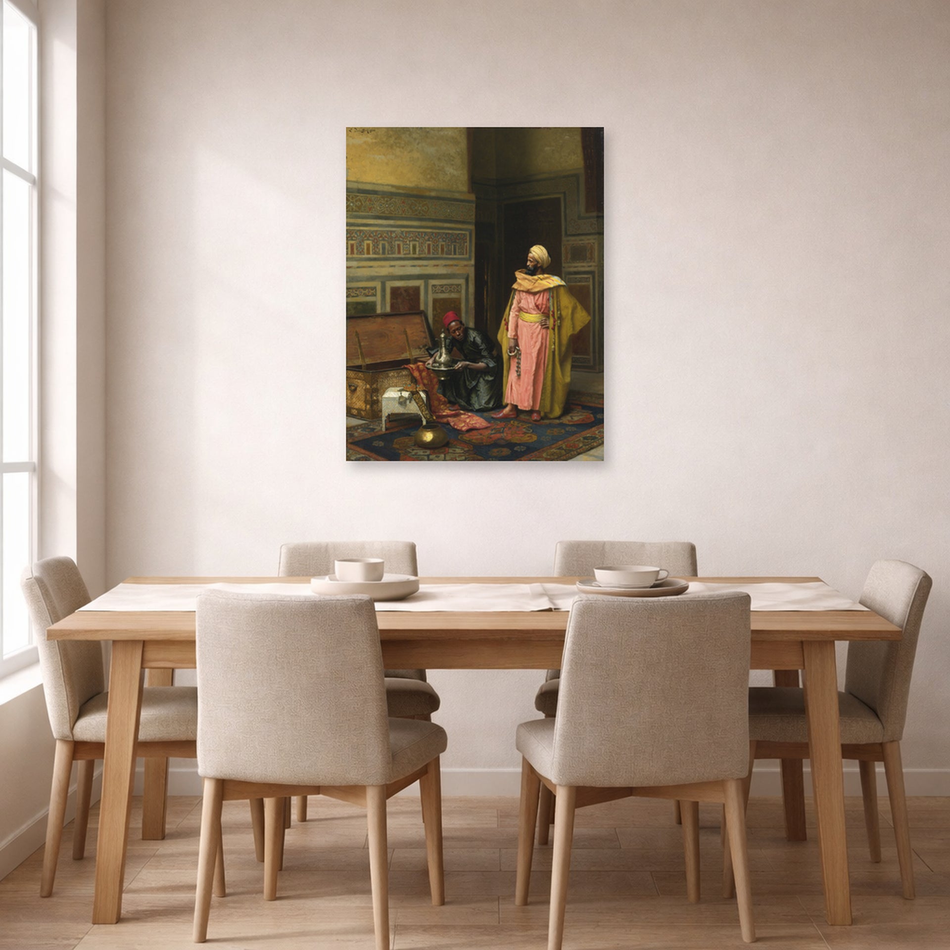 Unframed poster print of Ludwig Deutsch's The Treasure Chest displayed on a wall in a dining