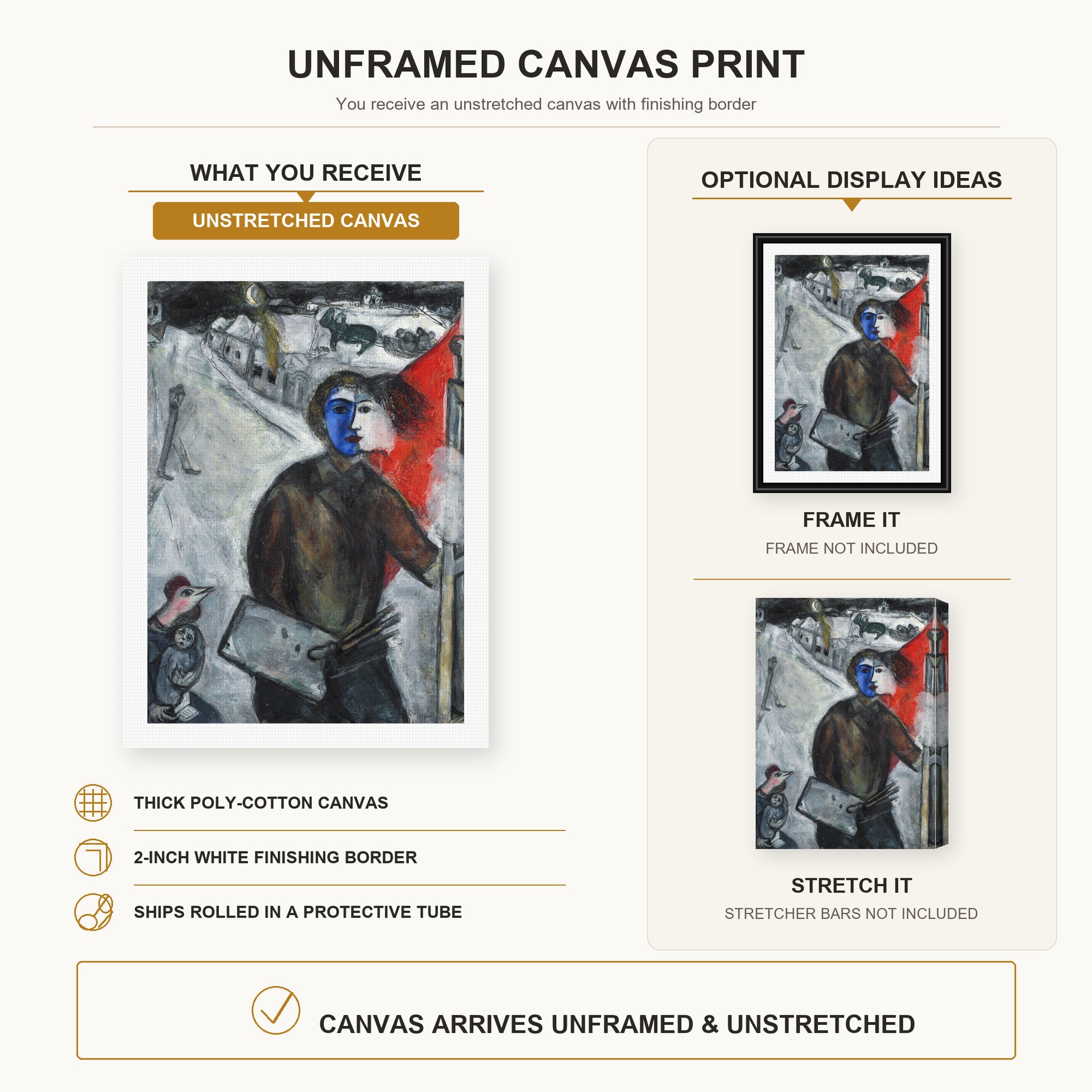 Marc Chagall - Between Darkness and Light canvas print size comparison and framing display infographic