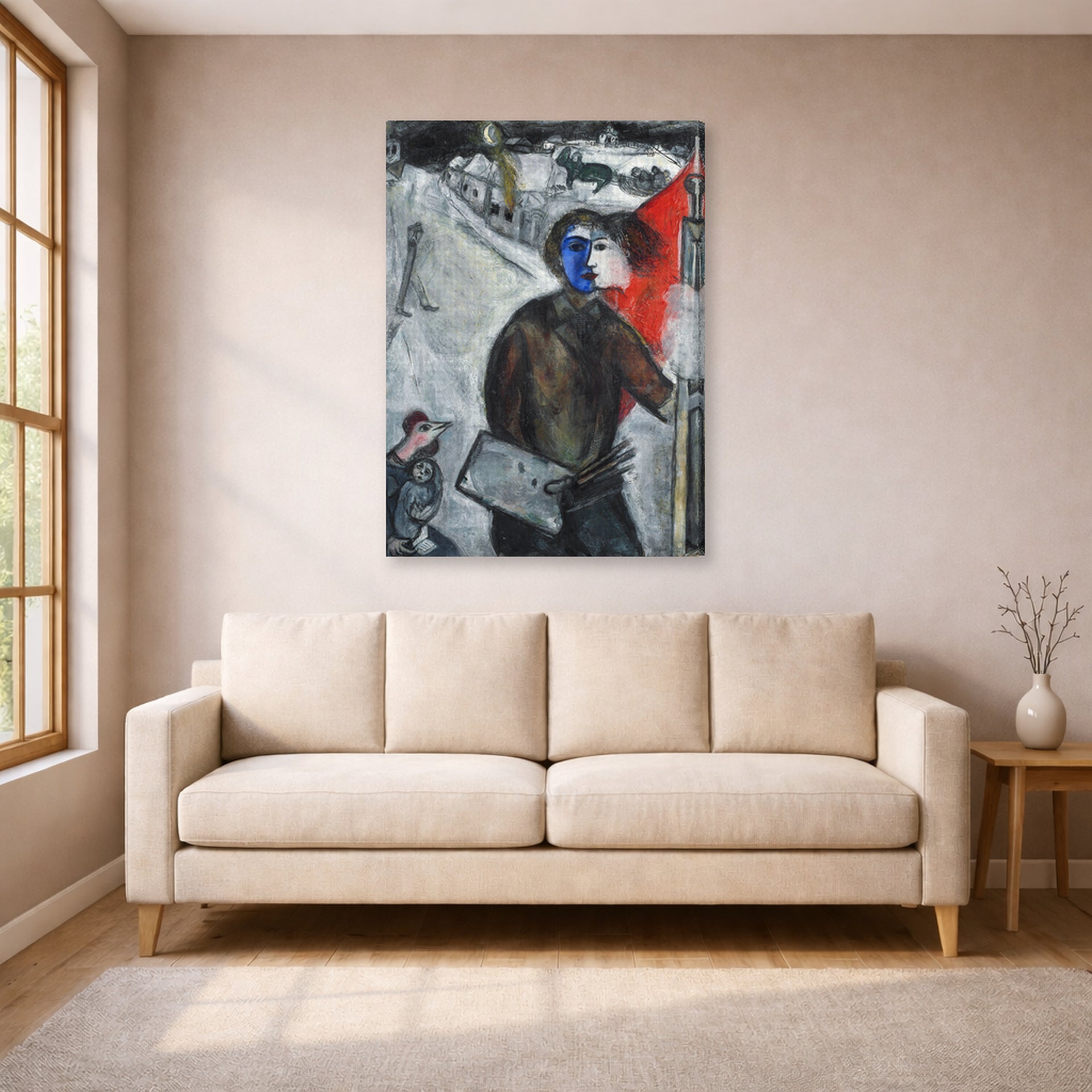 Gallery-wrapped canvas print of Marc Chagall's Between Darkness and Light displayed on a wall in a living room