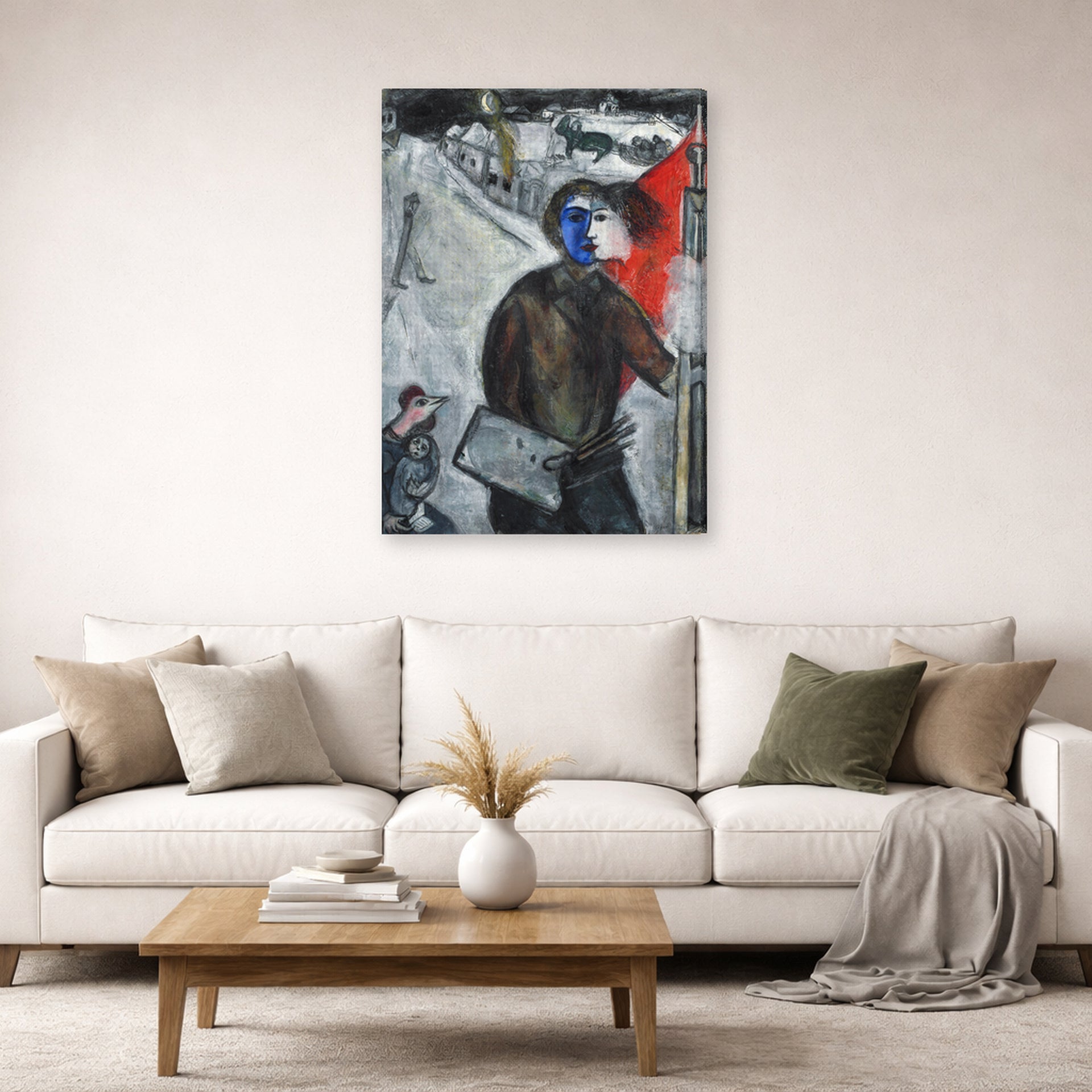 Gallery-wrapped canvas print of Marc Chagall's Between Darkness and Light displayed on a wall in a living room