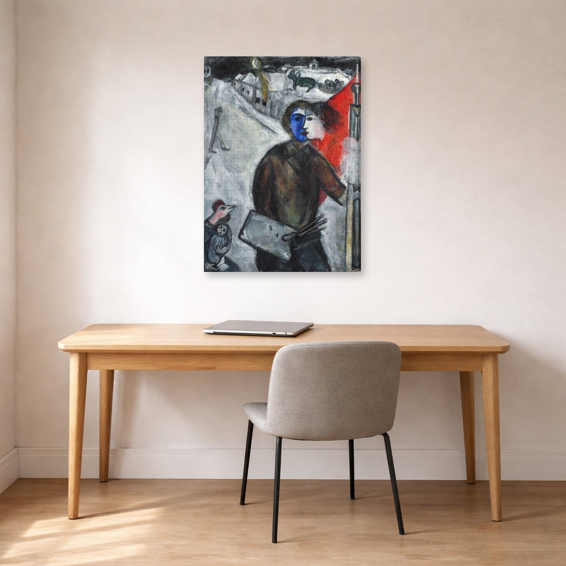 Gallery-wrapped canvas print of Marc Chagall's Between Darkness and Light displayed on a wall in an office