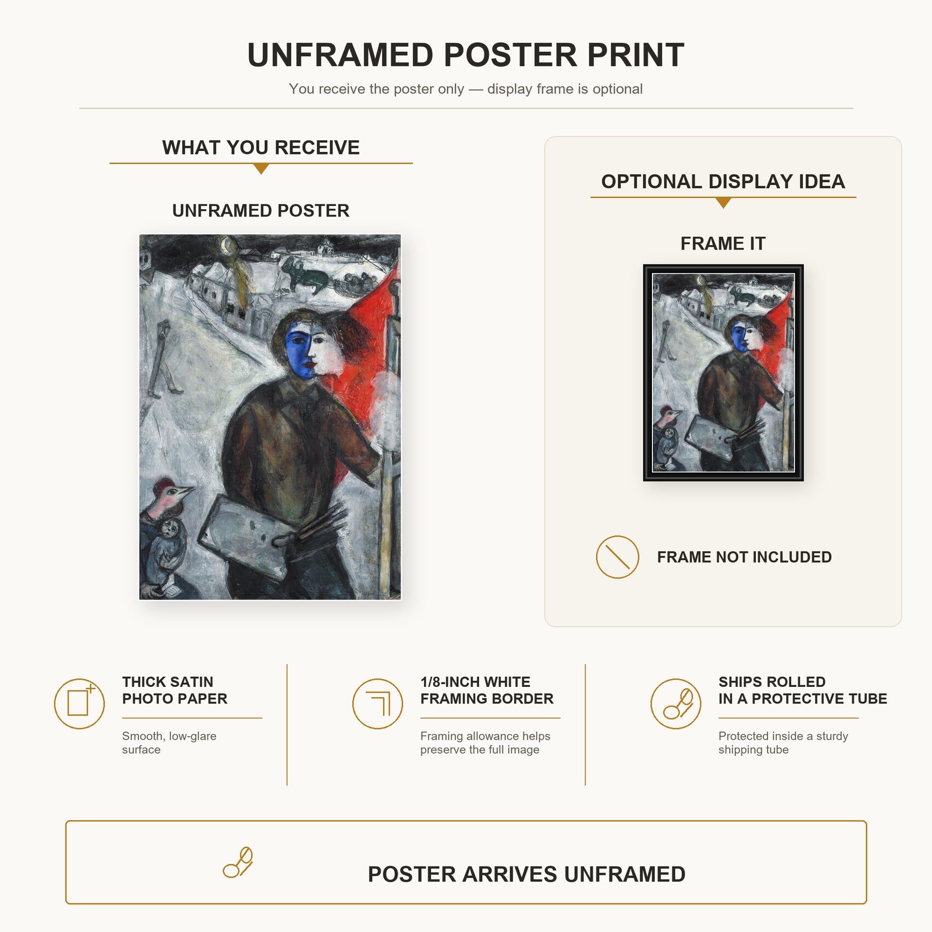 Marc Chagall - Between Darkness and Light poster print size comparison and framing display infographic
