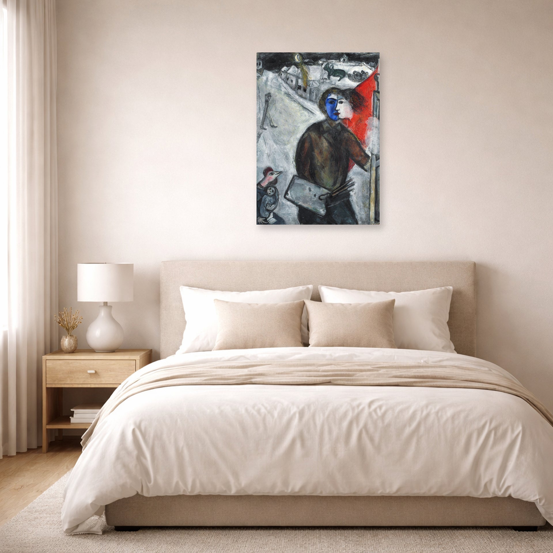 Unframed poster print of Marc Chagall's Between Darkness and Light displayed on a wall in a bedroom