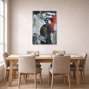 Unframed poster print of Marc Chagall's Between Darkness and Light displayed on a wall in a dining room