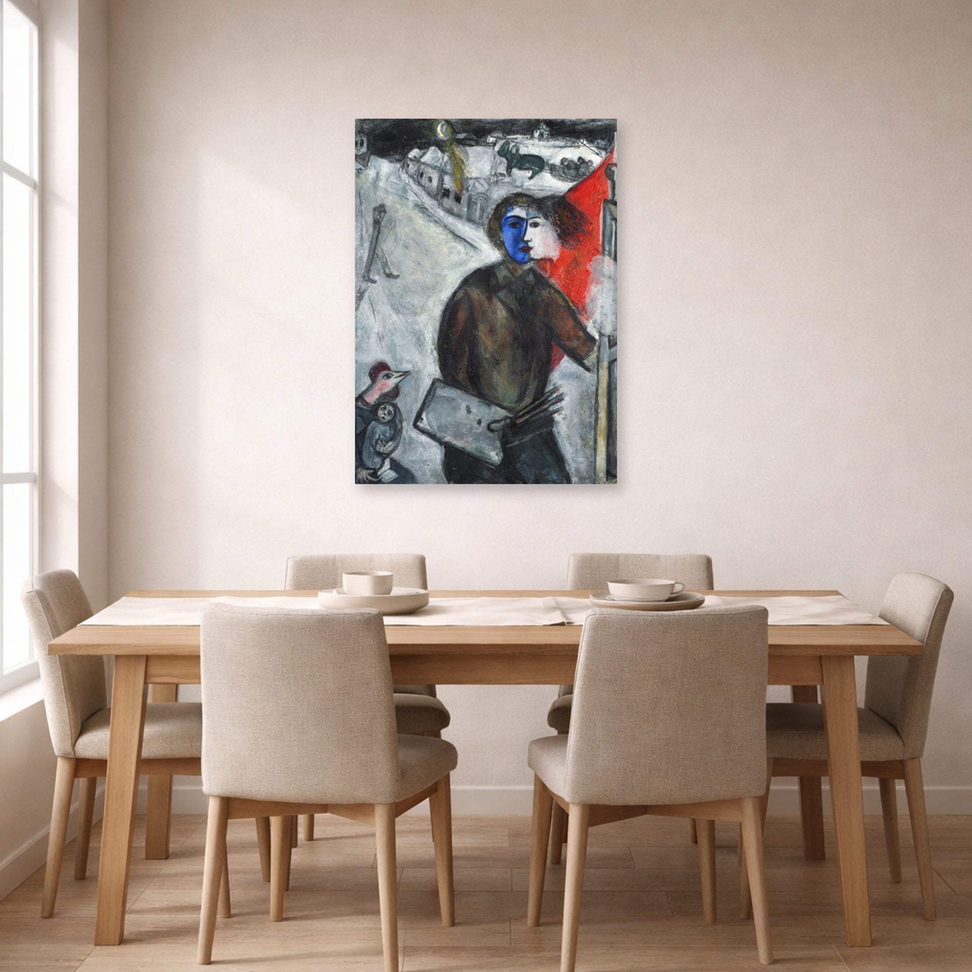 Unframed poster print of Marc Chagall's Between Darkness and Light displayed on a wall in a dining room