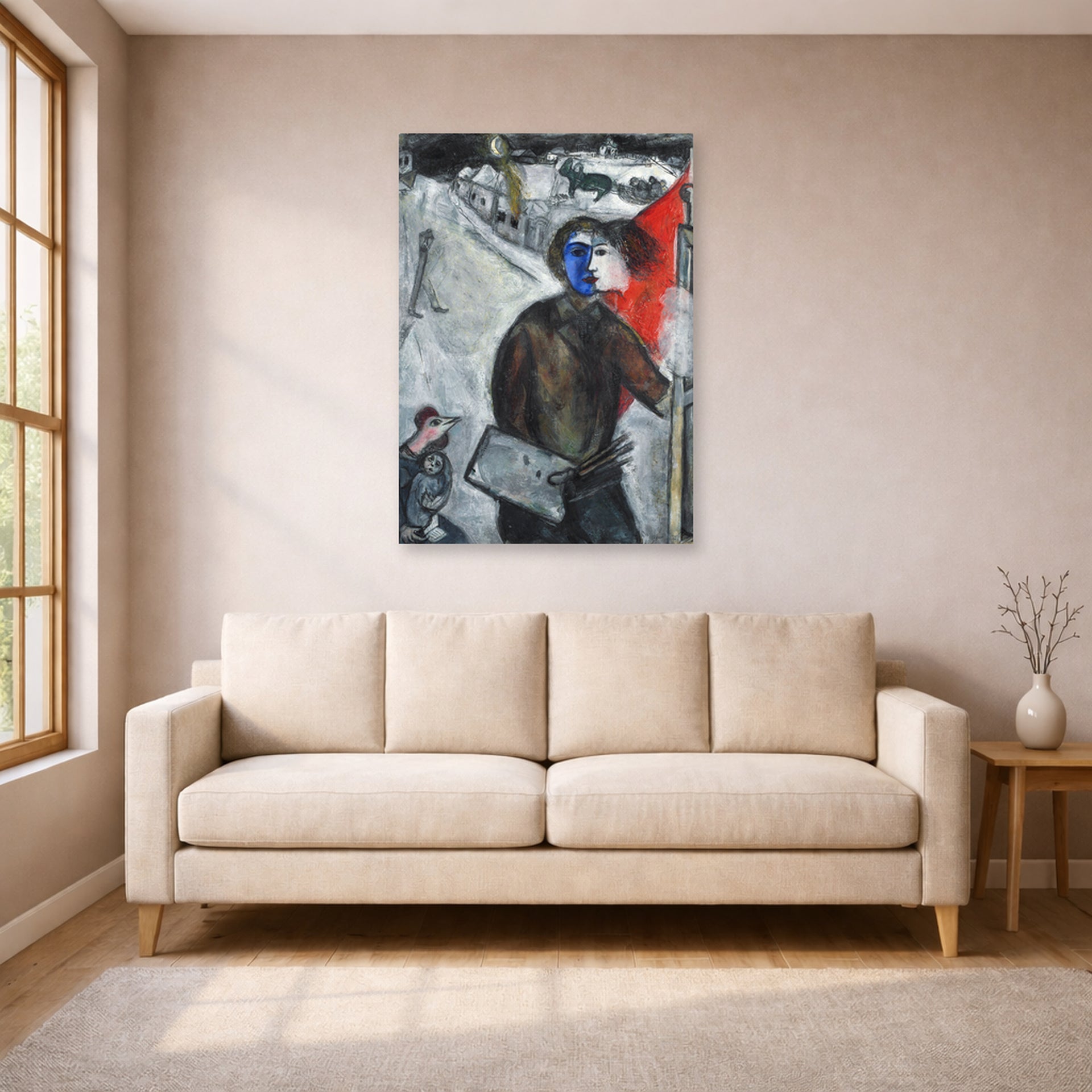 Unframed poster print of Marc Chagall's Between Darkness and Light displayed on a wall in a living room