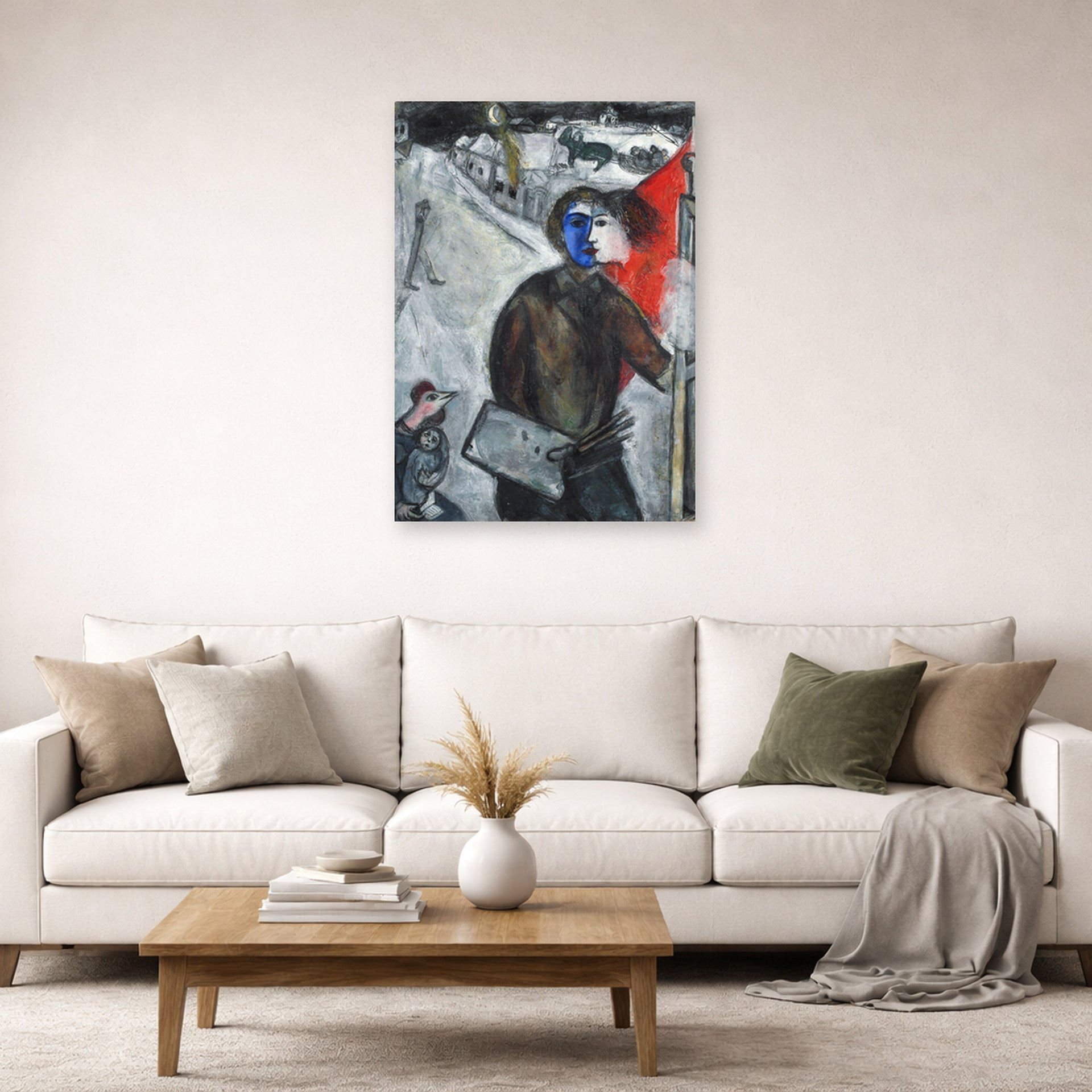 Unframed poster print of Marc Chagall's Between Darkness and Light displayed on a wall in a living room