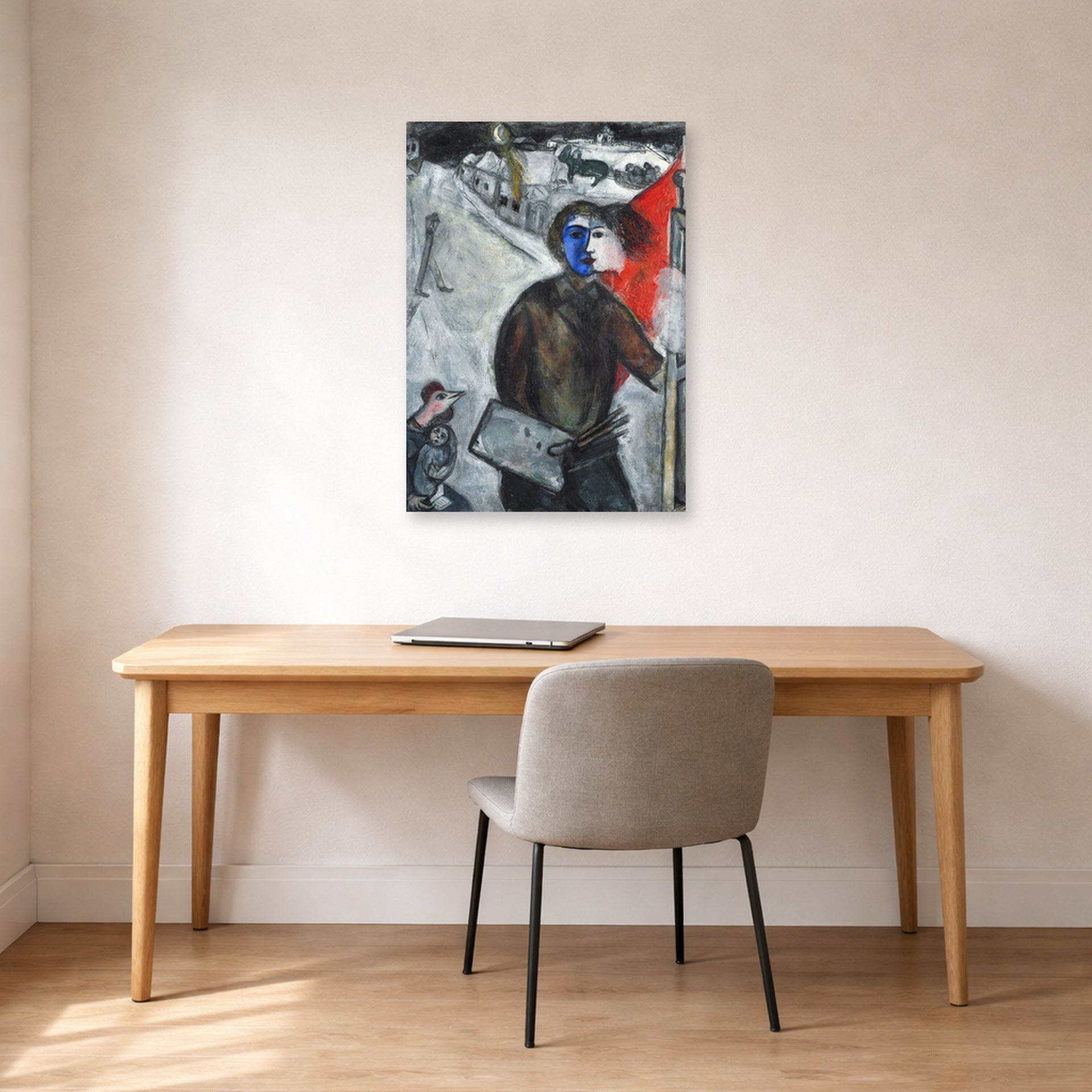 Unframed poster print of Marc Chagall's Between Darkness and Light displayed on a wall in an office