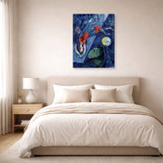 Gallery-wrapped canvas print of Marc Chagall's Blue Circus displayed on a wall in a bedroom