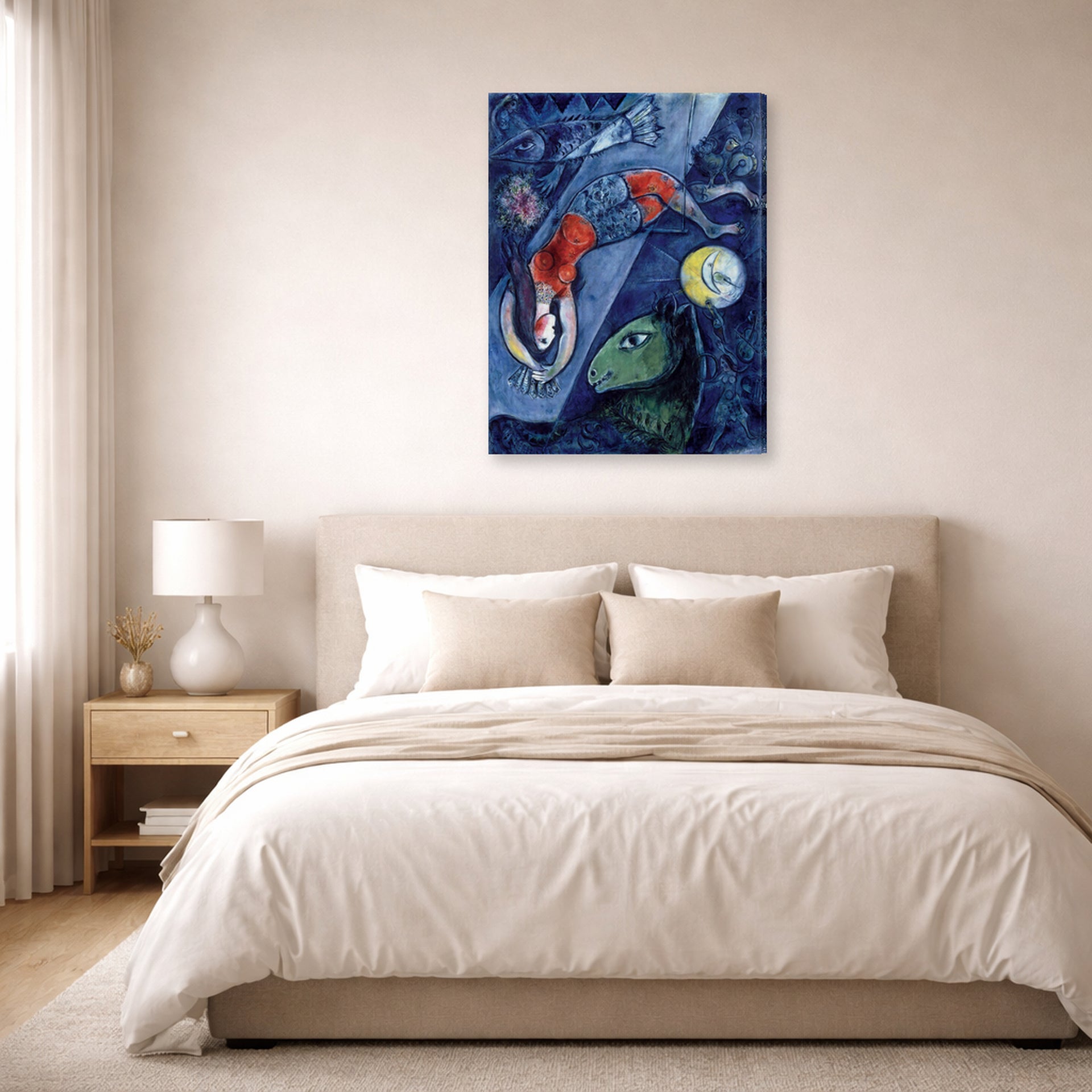 Gallery-wrapped canvas print of Marc Chagall's Blue Circus displayed on a wall in a bedroom