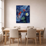Gallery-wrapped canvas print of Marc Chagall's Blue Circus displayed on a wall in a dining room