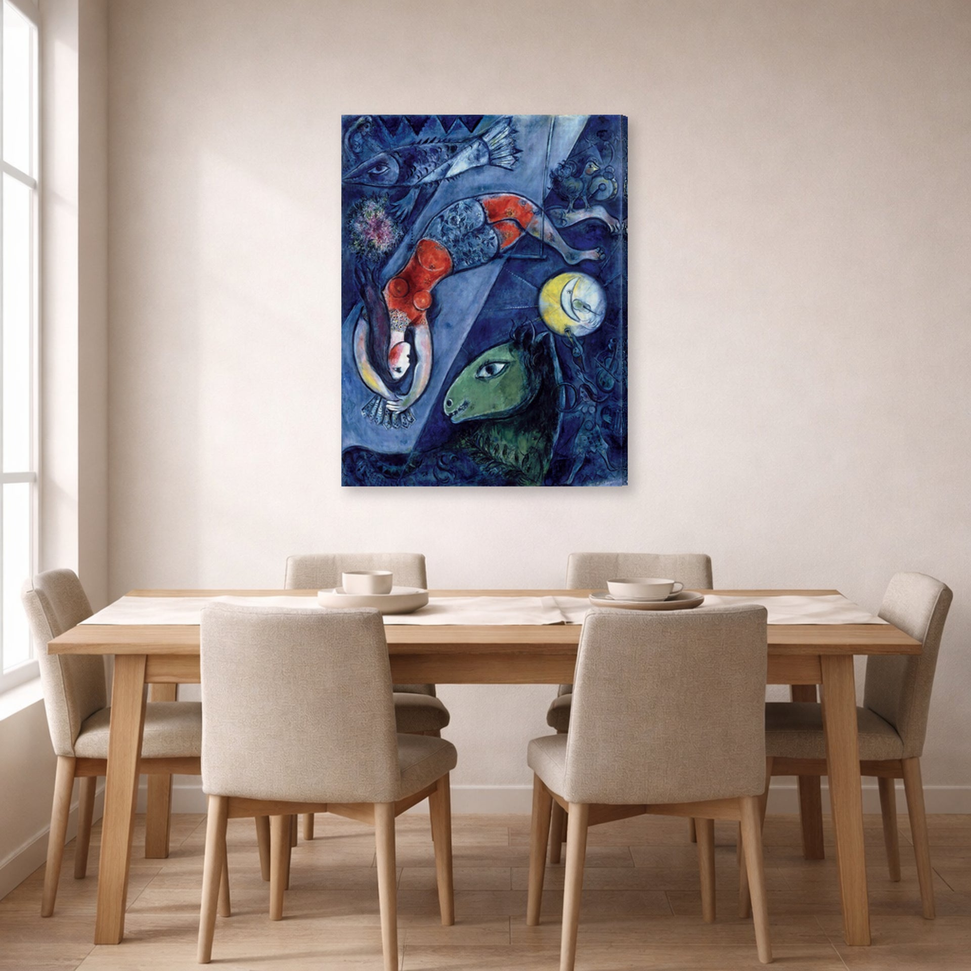 Gallery-wrapped canvas print of Marc Chagall's Blue Circus displayed on a wall in a dining room
