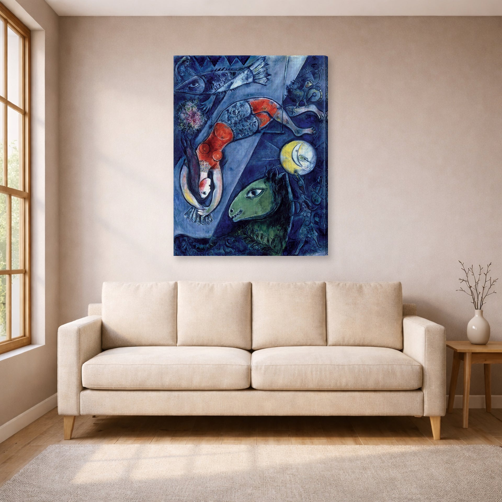 Gallery-wrapped canvas print of Marc Chagall's Blue Circus displayed on a wall in a living room