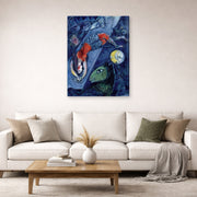 Gallery-wrapped canvas print of Marc Chagall's Blue Circus displayed on a wall in a living room