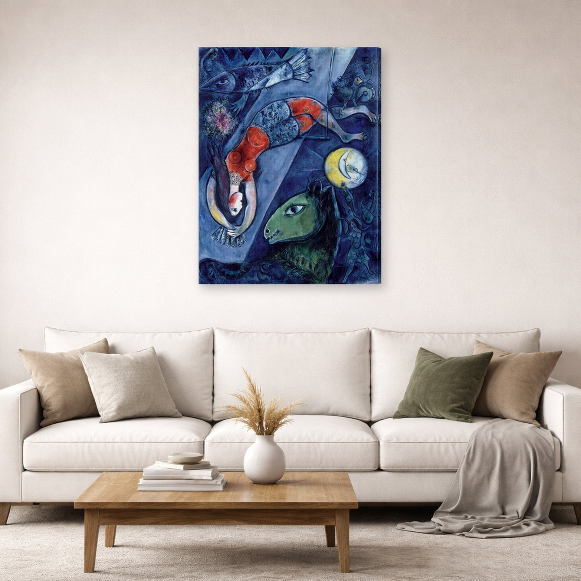 Gallery-wrapped canvas print of Marc Chagall's Blue Circus displayed on a wall in a living room