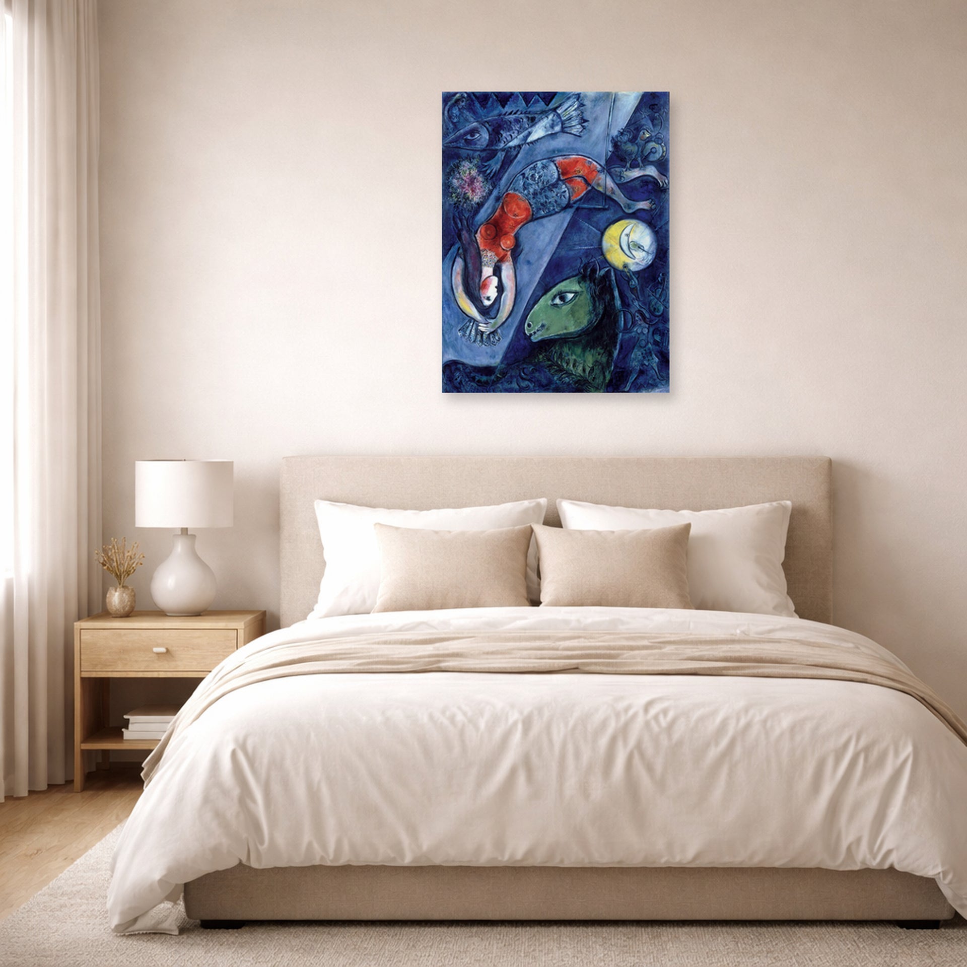 Unframed poster print of Marc Chagall's Blue Circus displayed on a wall in a bedroom