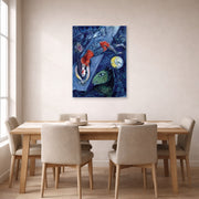 Unframed poster print of Marc Chagall's Blue Circus displayed on a wall in a dining room