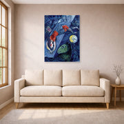 Unframed poster print of Marc Chagall's Blue Circus displayed on a wall in a living room